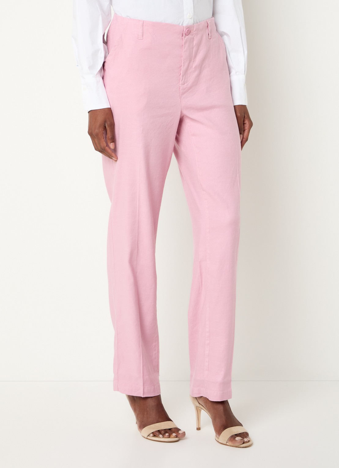 NYDJ Marilyn high waist straight fit broek in linnenblend met steekzakken - detail 3 lichtroze