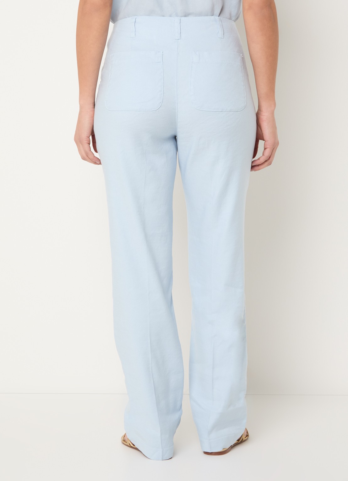 NYDJ Marilyn high waist straight fit broek in linnenblend met steekzakken - achterkant donkerblauw