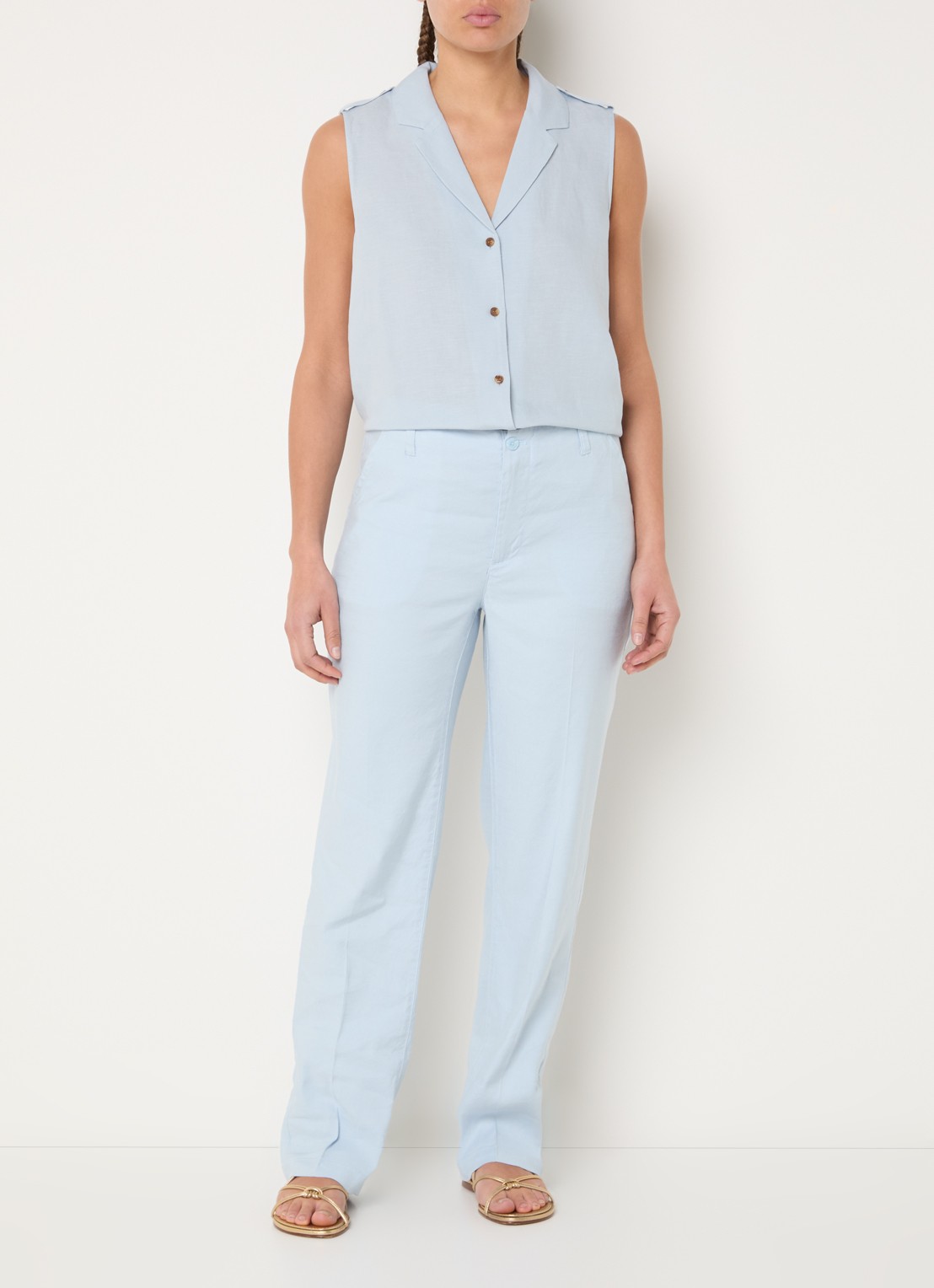 NYDJ Marilyn high waist straight fit broek in linnenblend met steekzakken - voorkant 4 donkerblauw