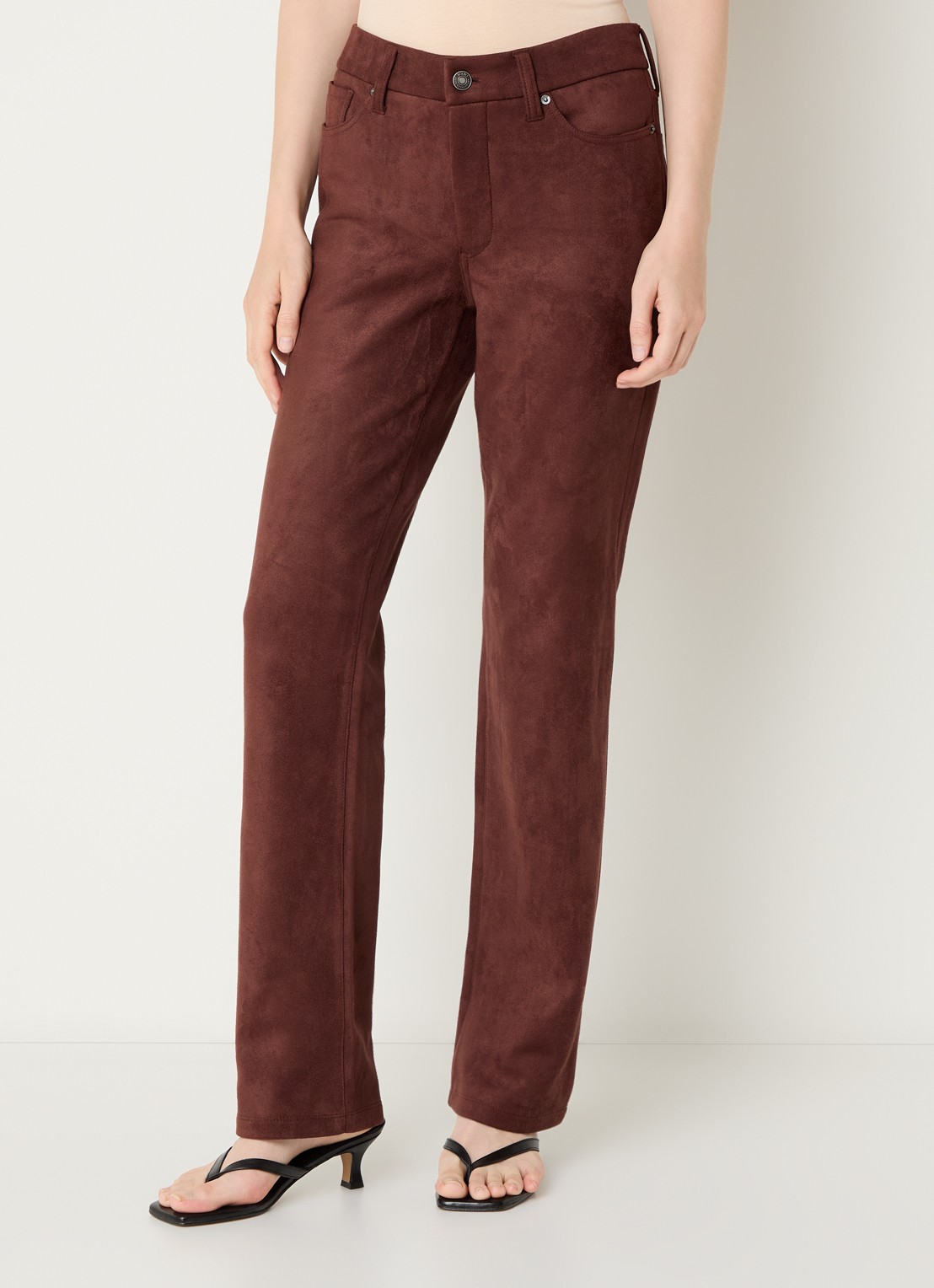 NYDJ Marilyn high waist straight fit broek van imitatiesuède - detail chocoladebruin