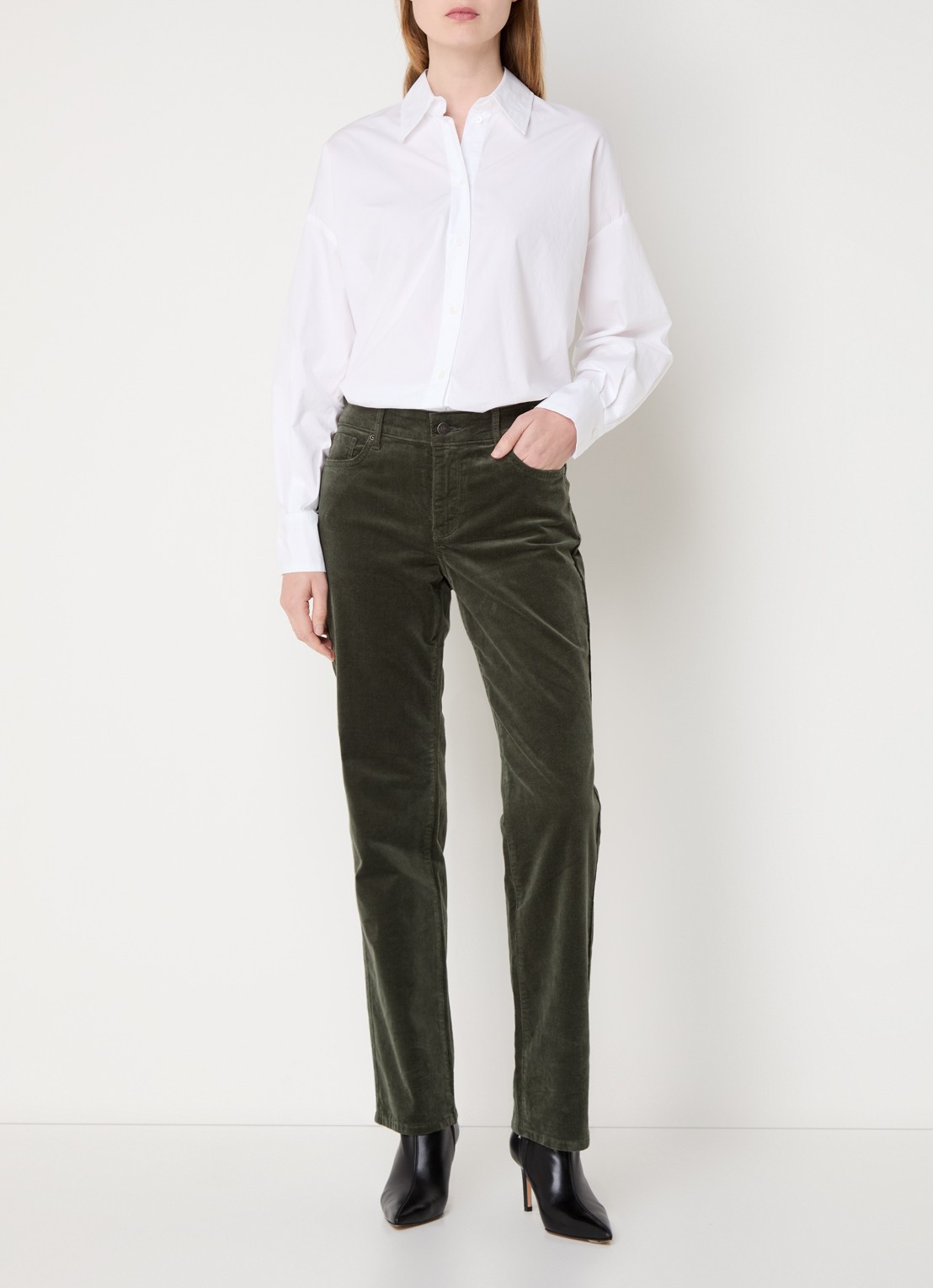 NYDJ Marilyn high waist straight fit chino van corduroy - voorkant 5 mosgroen
