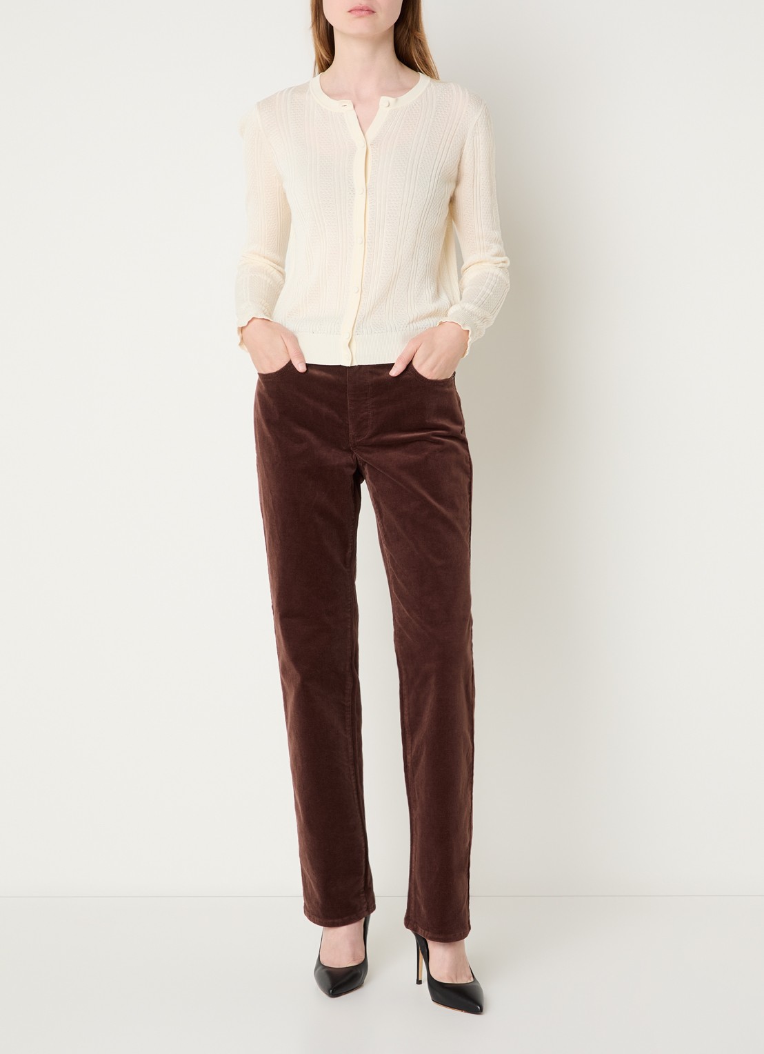 NYDJ Marilyn high waist straight fit chino van corduroy - voorkant 5 lichtbruin