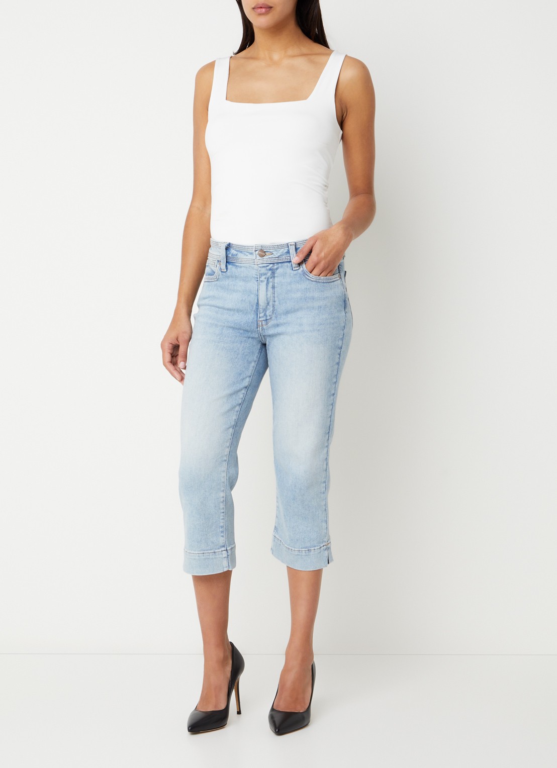 NYDJ Marilyn mid waist slim fit capri broek met steekzakken - voorkant 5 lichtblauw