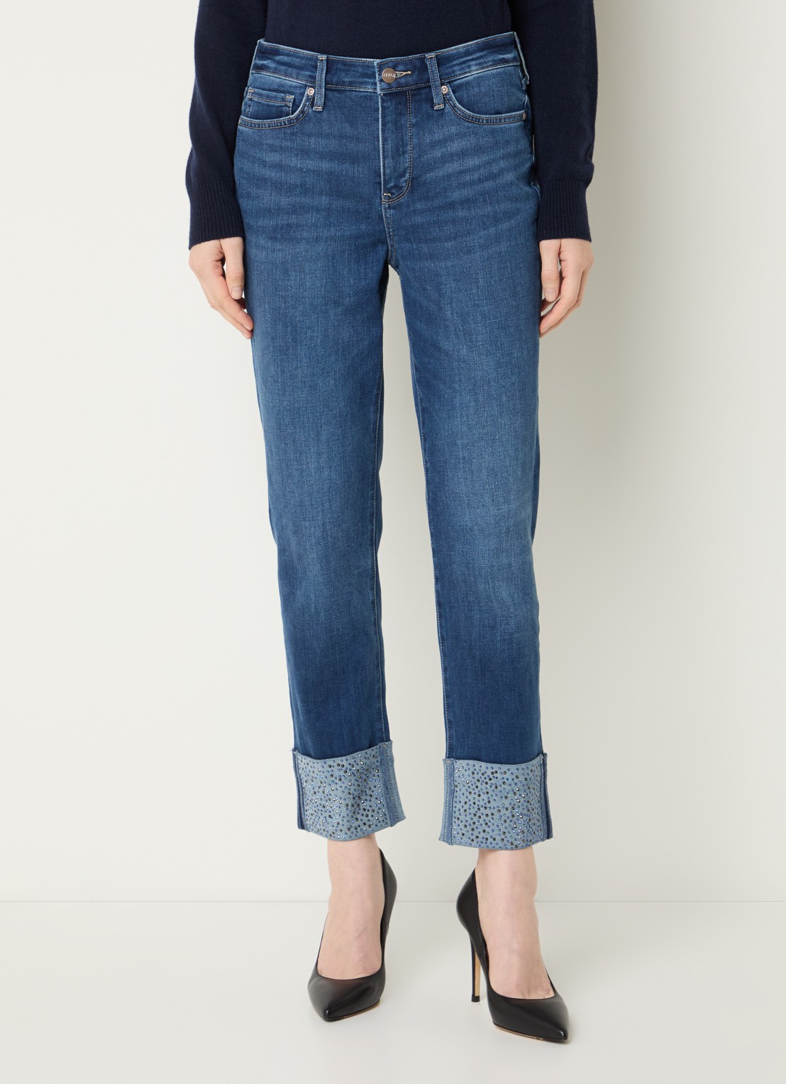 NYDJ Sheri mid waist slim fit jeans met strass - detail indigo