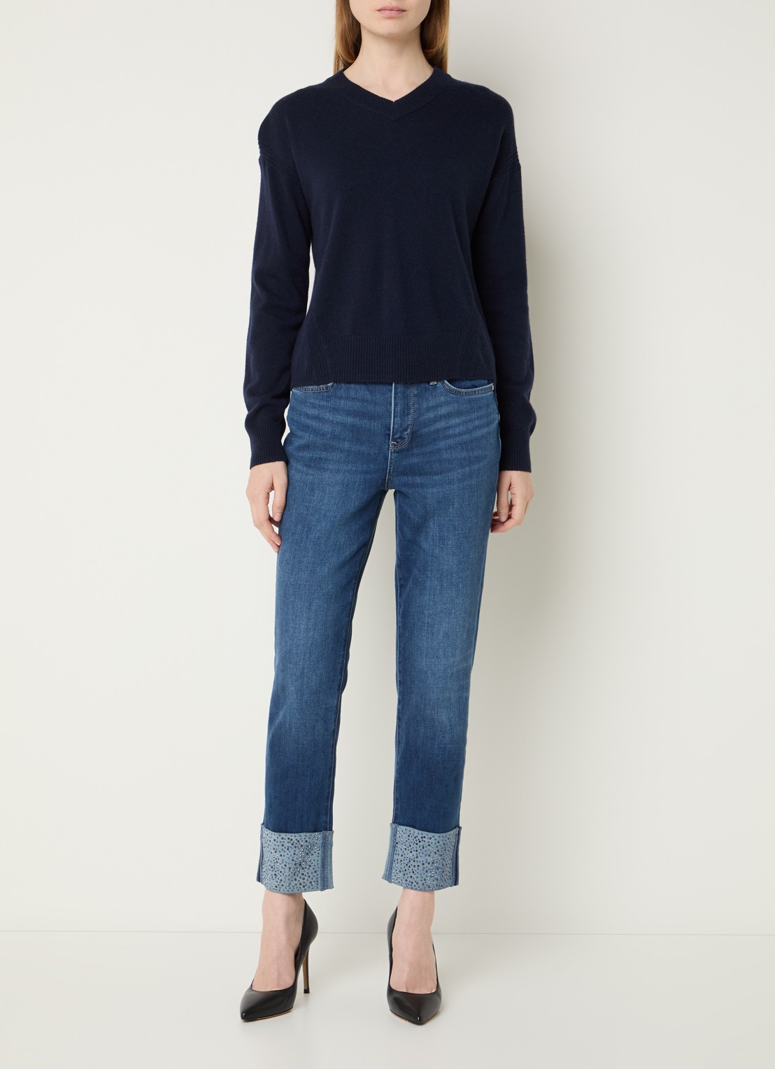 NYDJ Sheri mid waist slim fit jeans met strass - voorkant 4 indigo