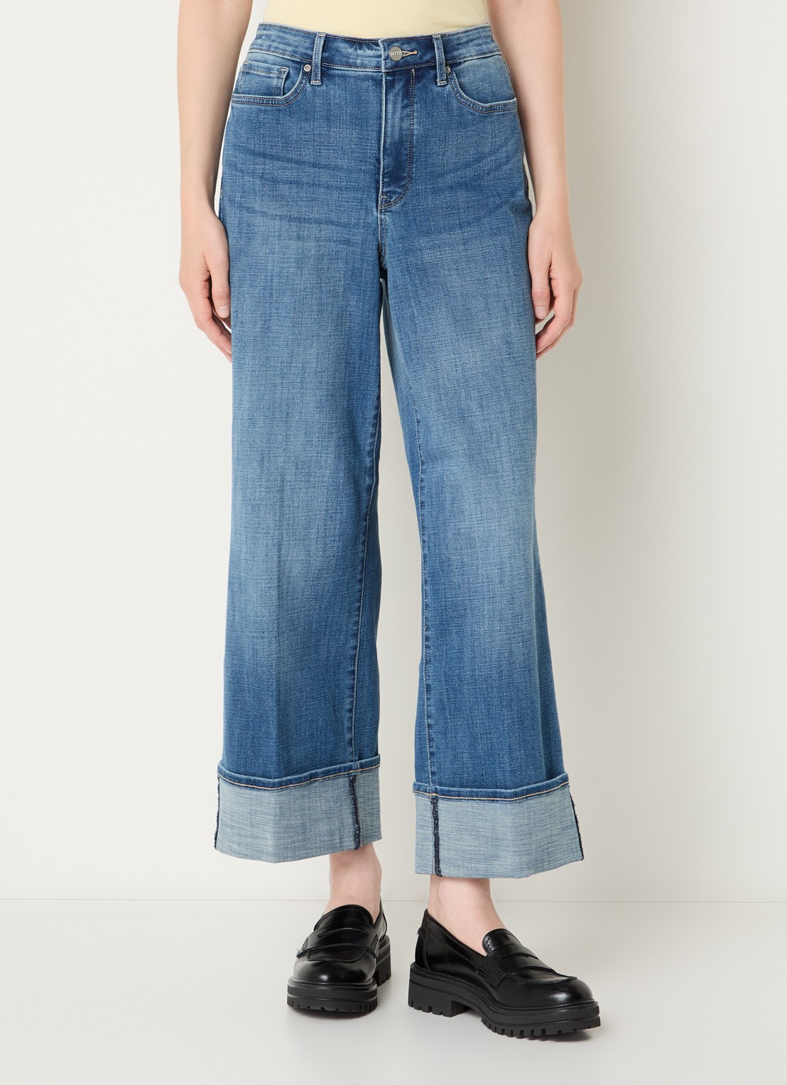 NYDJ Teresa high waist wide leg cropped jeans met lichte wassing - detail indigo