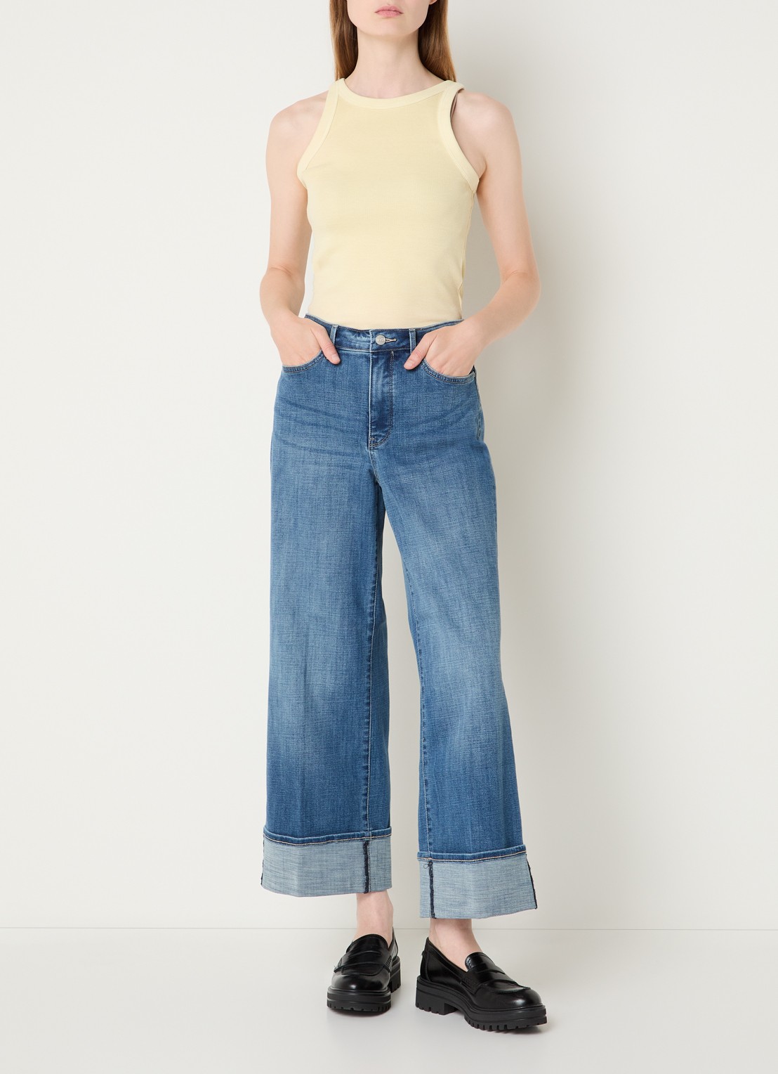 NYDJ Teresa high waist wide leg cropped jeans met lichte wassing - voorkant 5 indigo