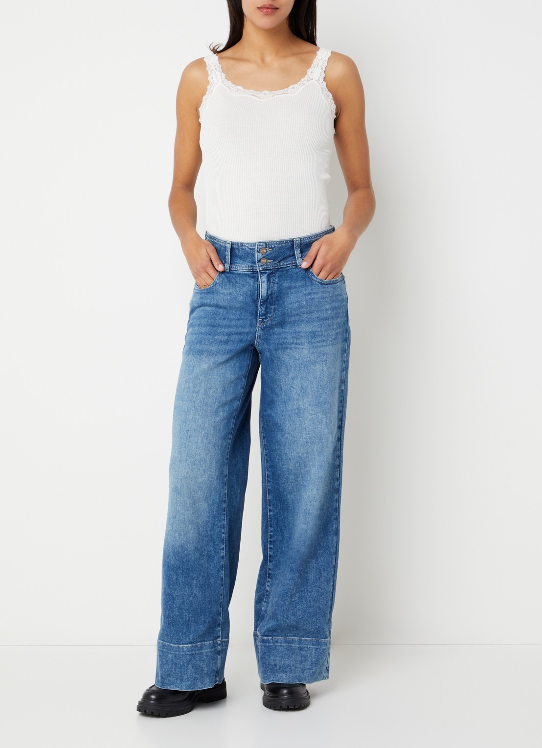 NYDJ Teresa mid waist wide leg jeans met medium wassing - voorkant 4 indigo