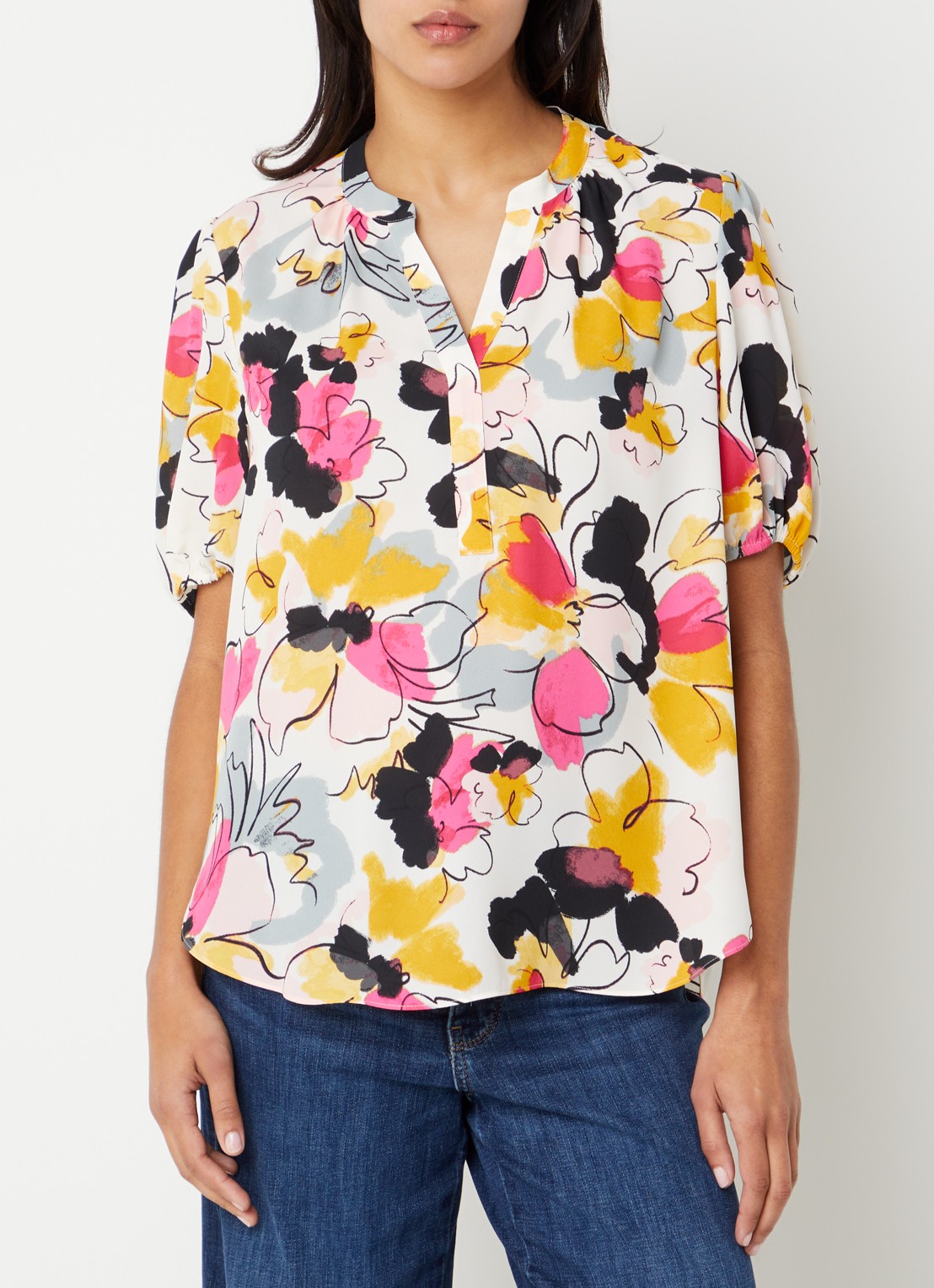 NYDJ Tuniek met bloemenprint en ballonmouw - detail 2 khaki