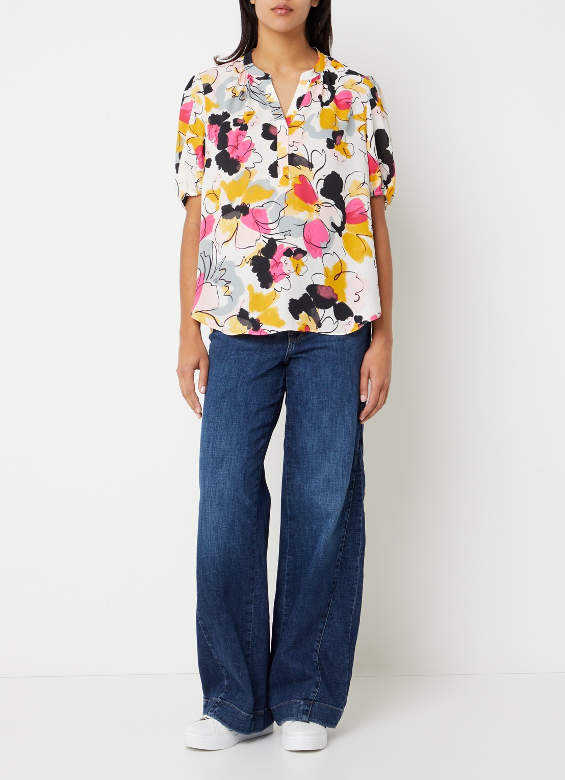 NYDJ Tuniek met bloemenprint en ballonmouw - voorkant 4 khaki