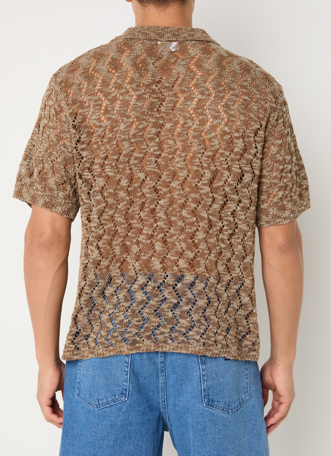 Obey Andre grofgebreide regular fit polo met opengewerkt dessin - achterkant 5 donkerbeige