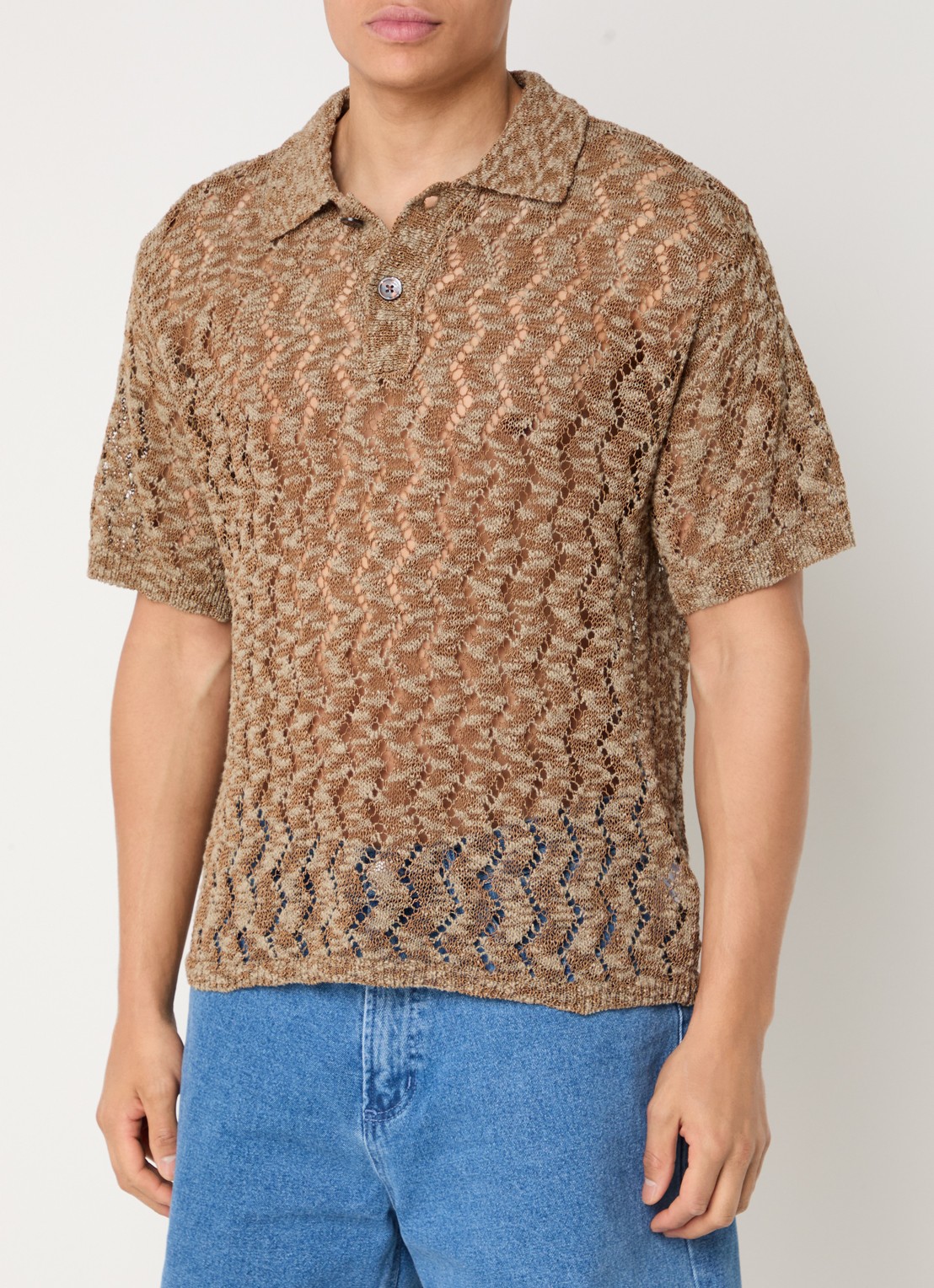 Obey Andre grofgebreide regular fit polo met opengewerkt dessin - detail donkerbeige