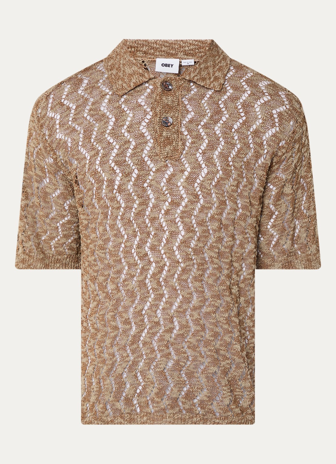 Obey Andre grofgebreide regular fit polo met opengewerkt dessin - voorkant 3 donkerbeige