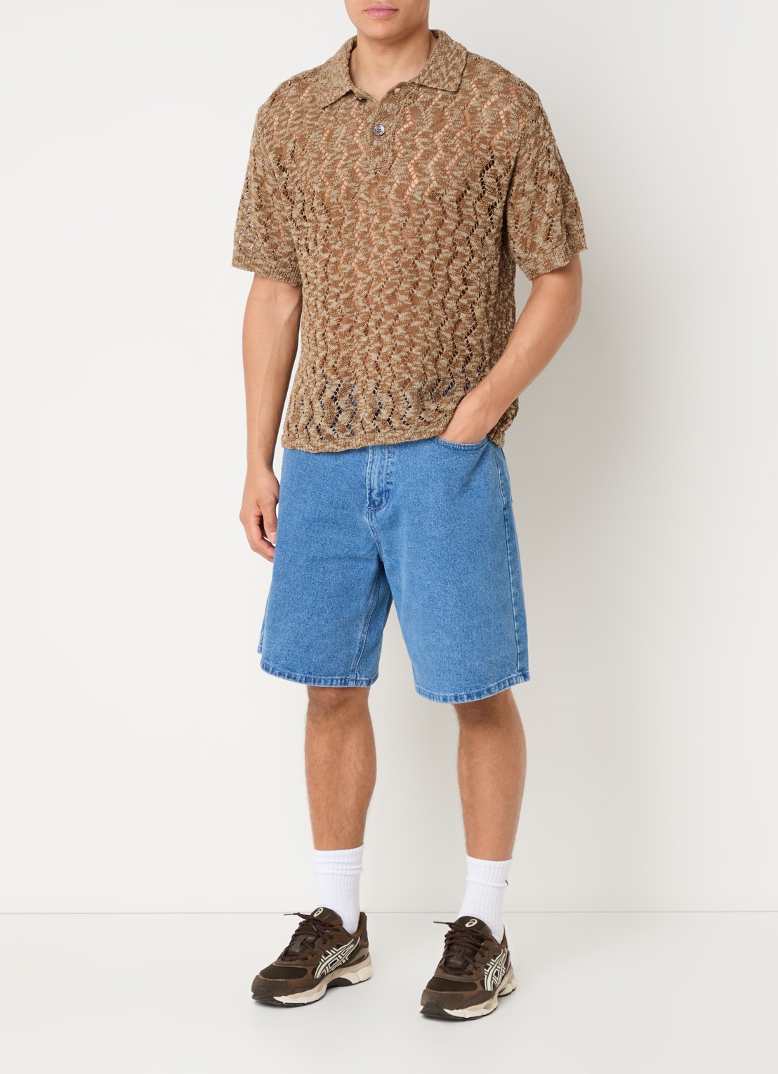 Obey Andre grofgebreide regular fit polo met opengewerkt dessin - voorkant 4 donkerbeige
