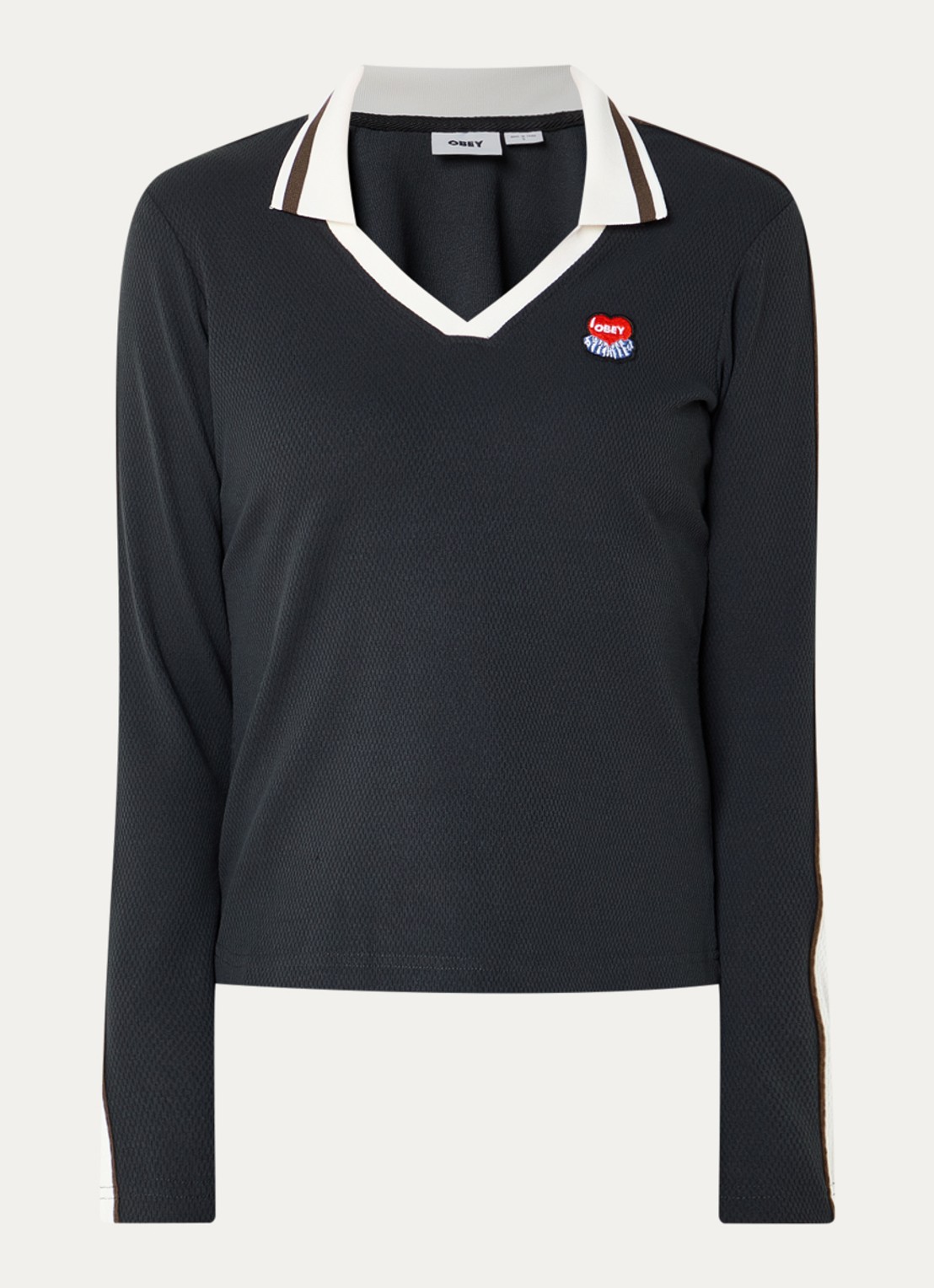 Obey Aren polo met logo en v-hals  - voorkant antraciet