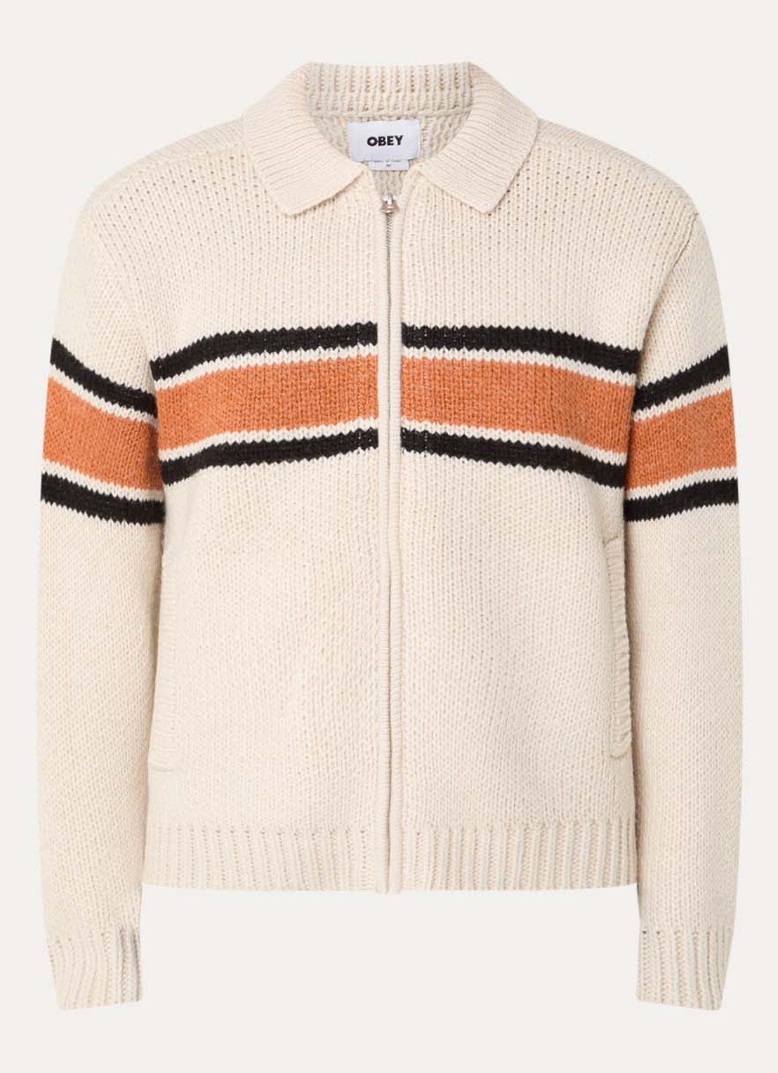 Obey Bernard grofgebreid vest met streepprint - voorkant 2 beige