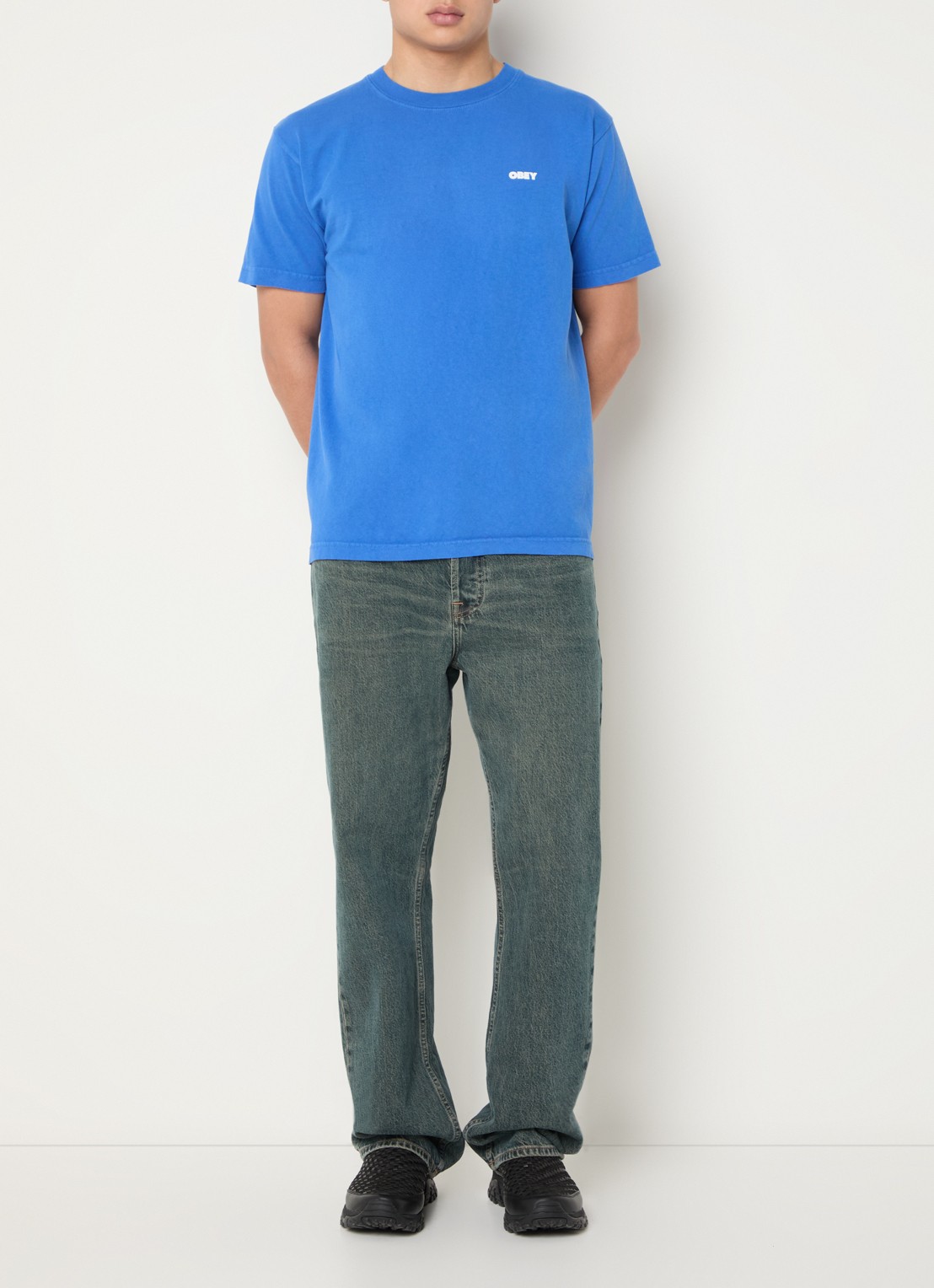 Obey Bold Icon Face T-shirt met logo- en backprint - voorkant 2 indigo