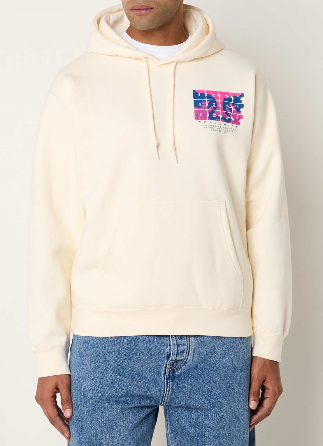 Obey Brick By Brick hoodie met logo- en backprint - achterkant creme