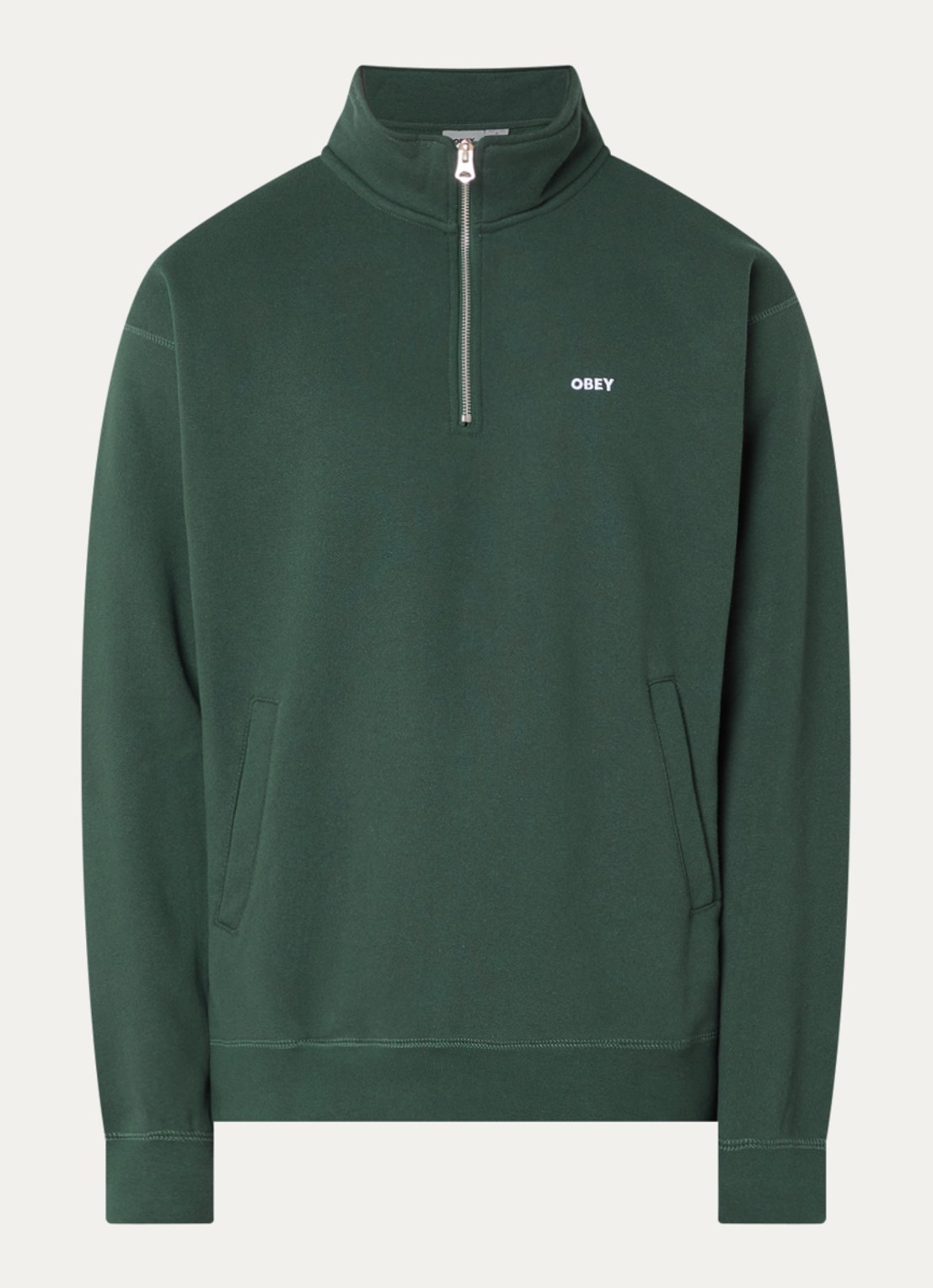 Obey Established Works sweater met halve rits en logoborduring - voorkant 3 groen