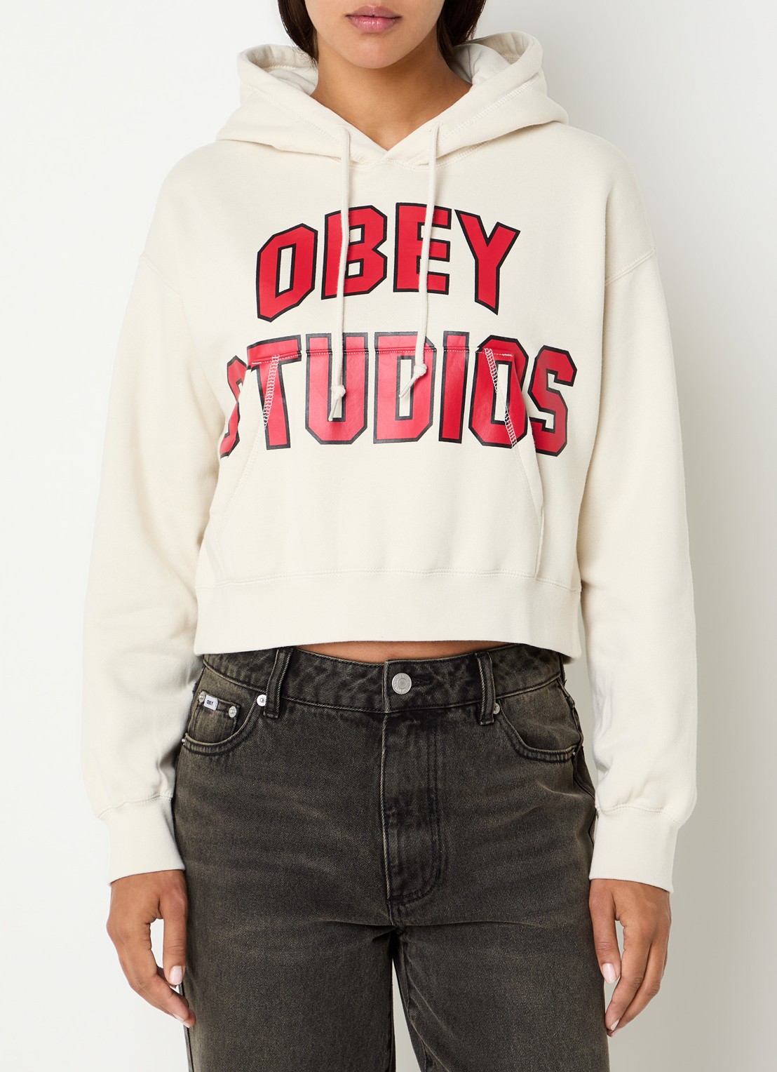 Obey Fijngebreide trui met logo - detail ivoor