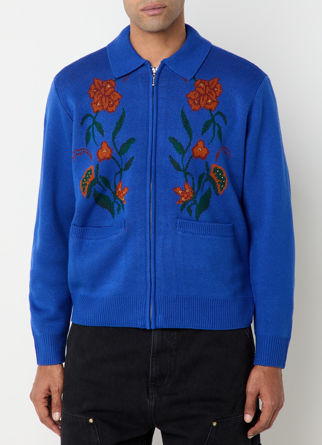 Obey Grofgebreid vest met bloemenprint met opgestikte zakken - detail 4 kobaltblauw