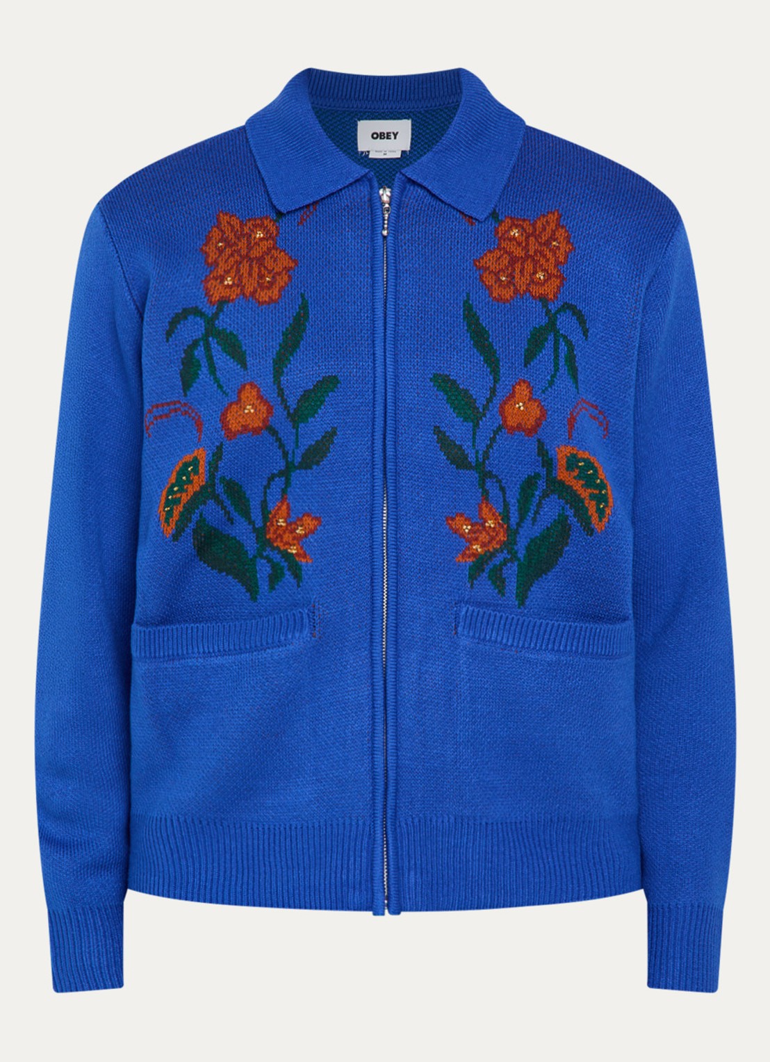 Obey Grofgebreid vest met bloemenprint met opgestikte zakken - voorkant kobaltblauw