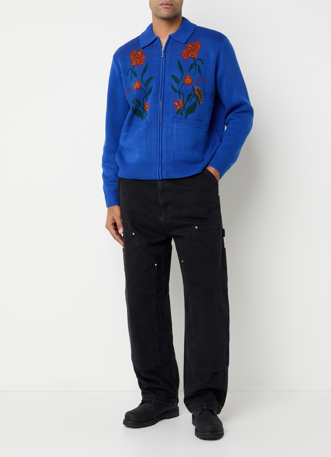 Obey Grofgebreid vest met bloemenprint met opgestikte zakken - voorkant 2 kobaltblauw