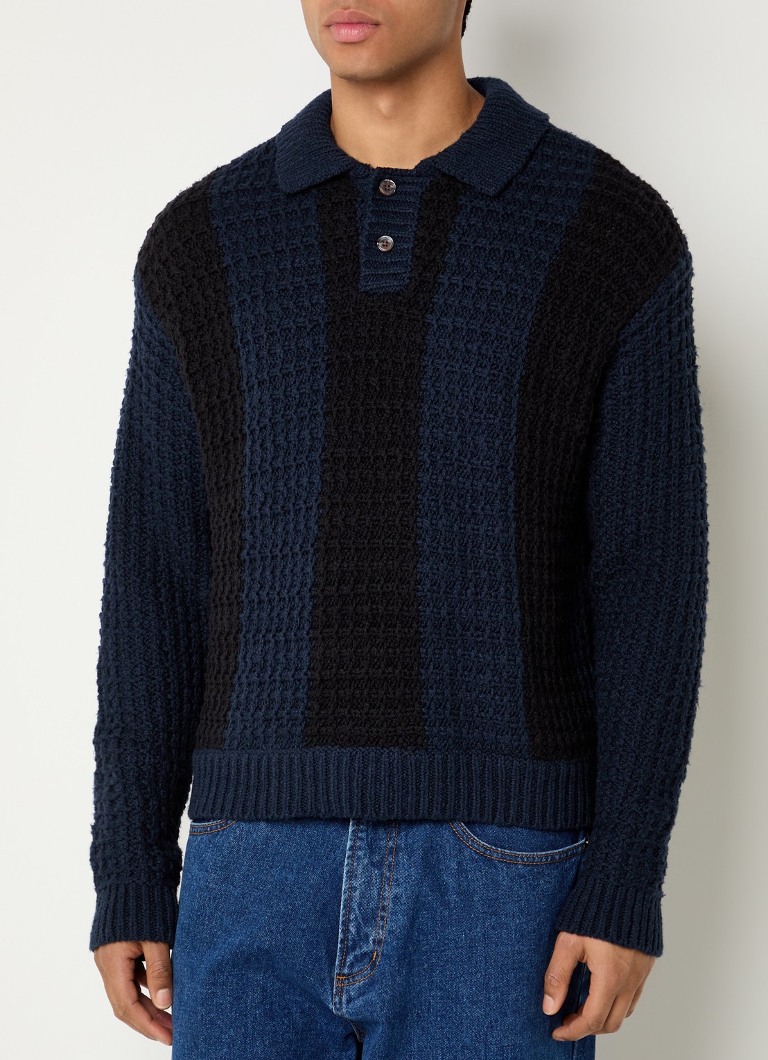 Obey Grofgebreide trui met polokraag - detail 2 donkerblauw