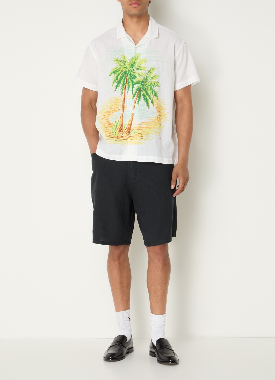 Obey Hyde loose fit korte broek in linnenblend - voorkant 3 zwart