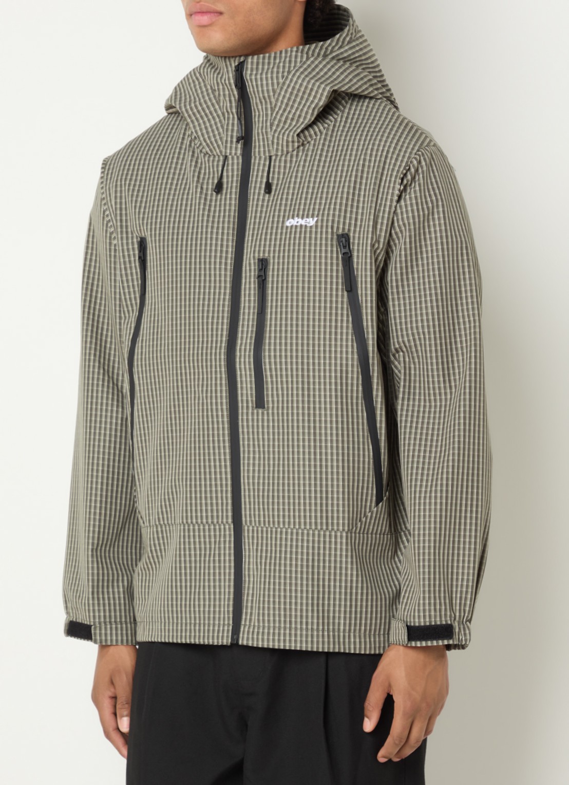 Obey Obsidian windjack met ruitdessin - detail 3 legergroen