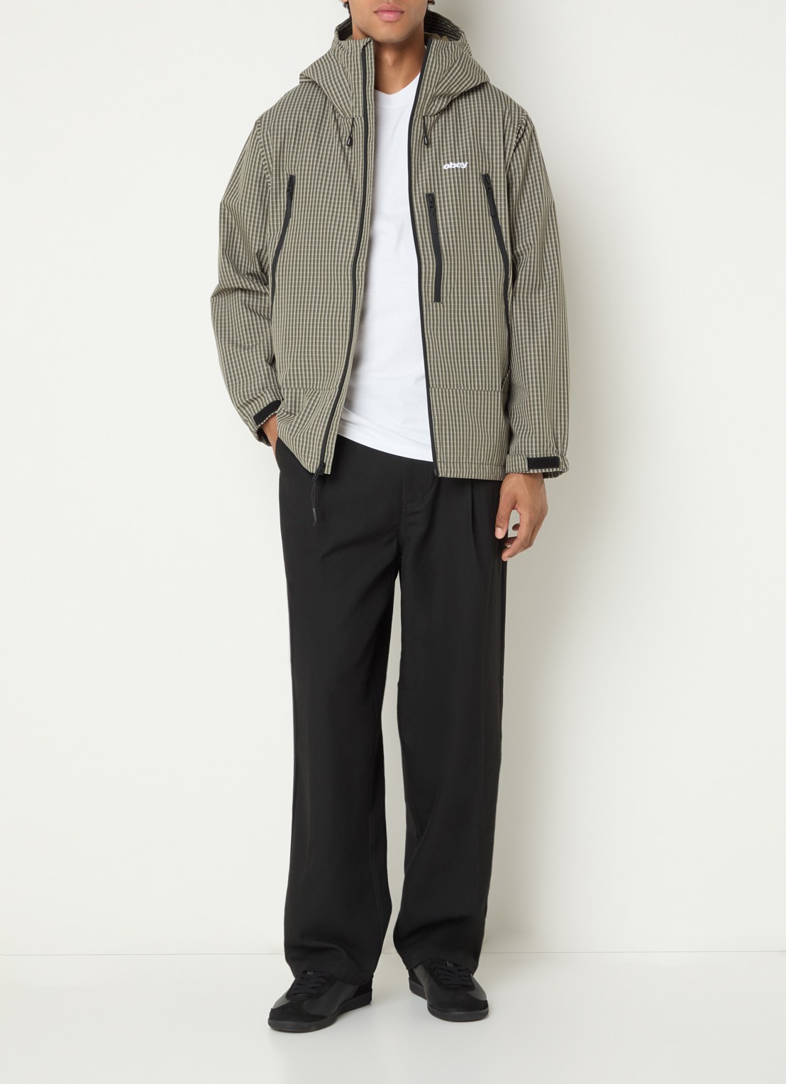 Obey Obsidian windjack met ruitdessin - voorkant 2 legergroen