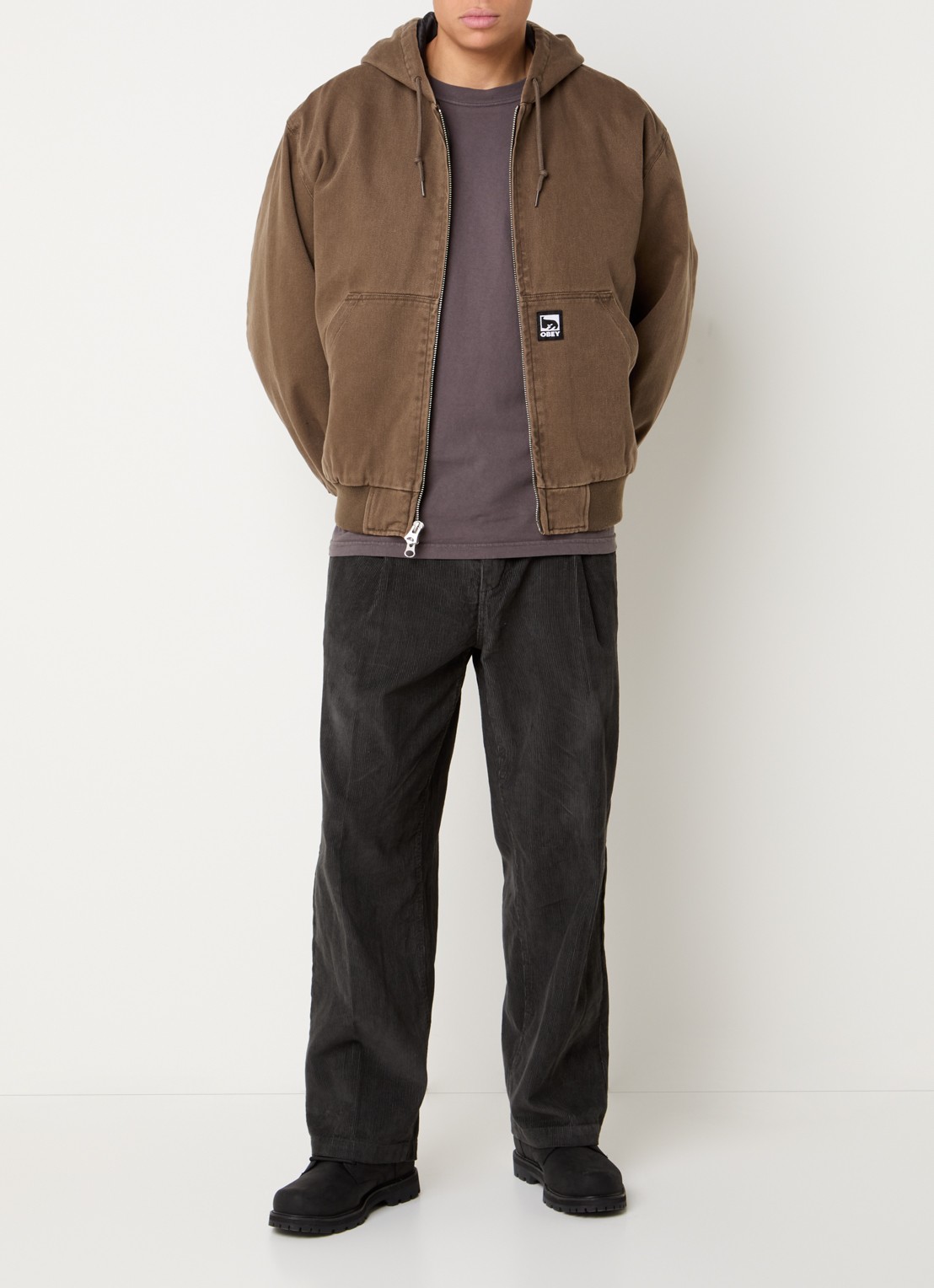 Obey Randy gewatteerd jack met logo- en backprint - voorkant 2 bruin