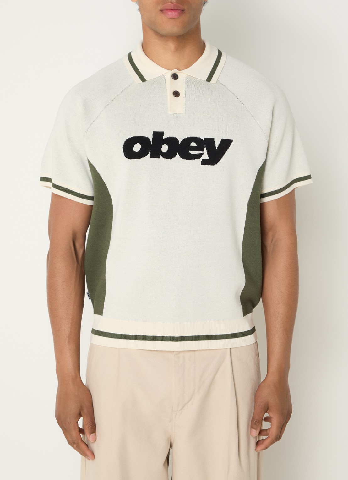Obey Regular fit fijngebreide polo met logo - detail 4 beige