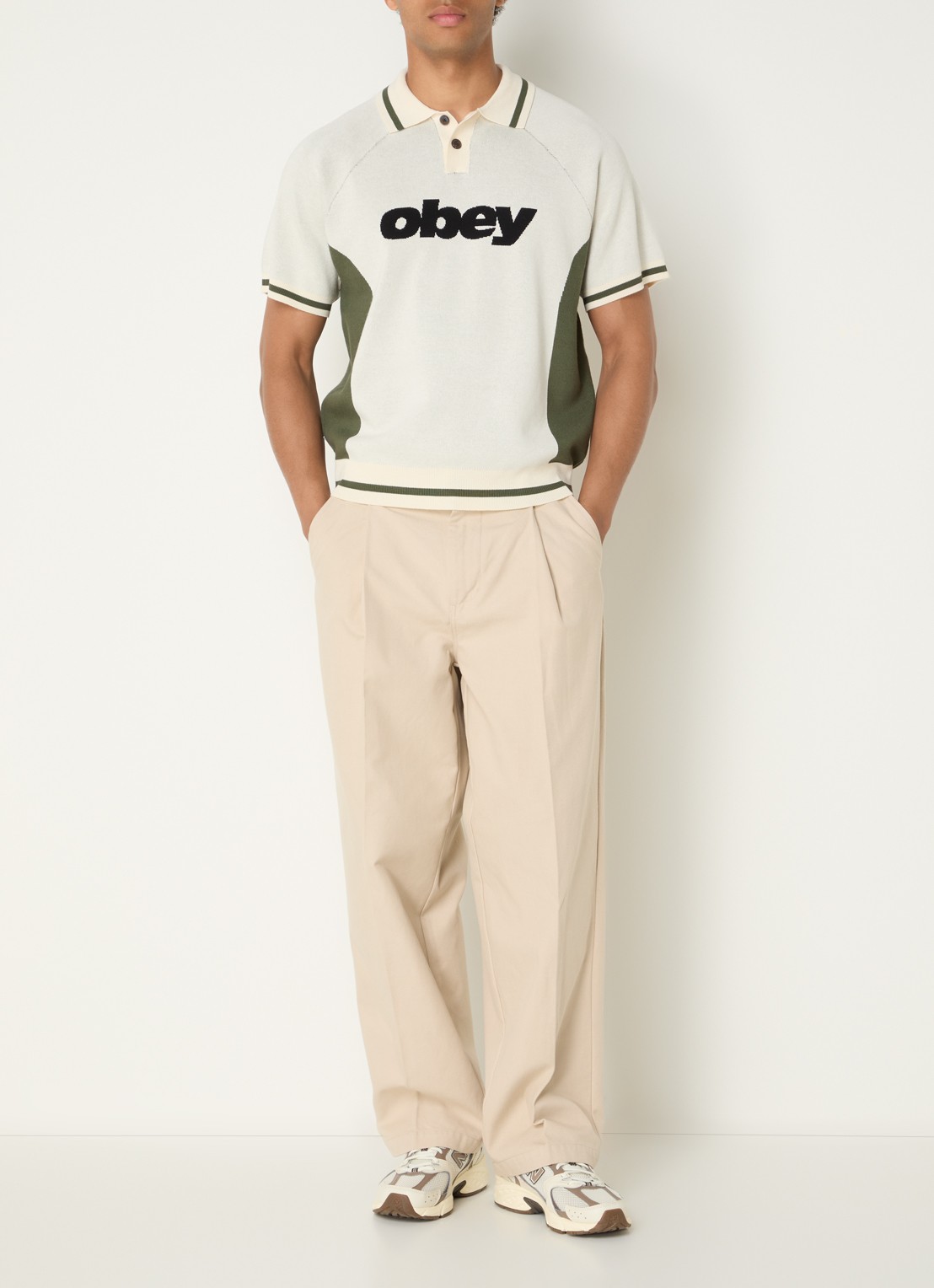 Obey Regular fit fijngebreide polo met logo - voorkant 2 beige