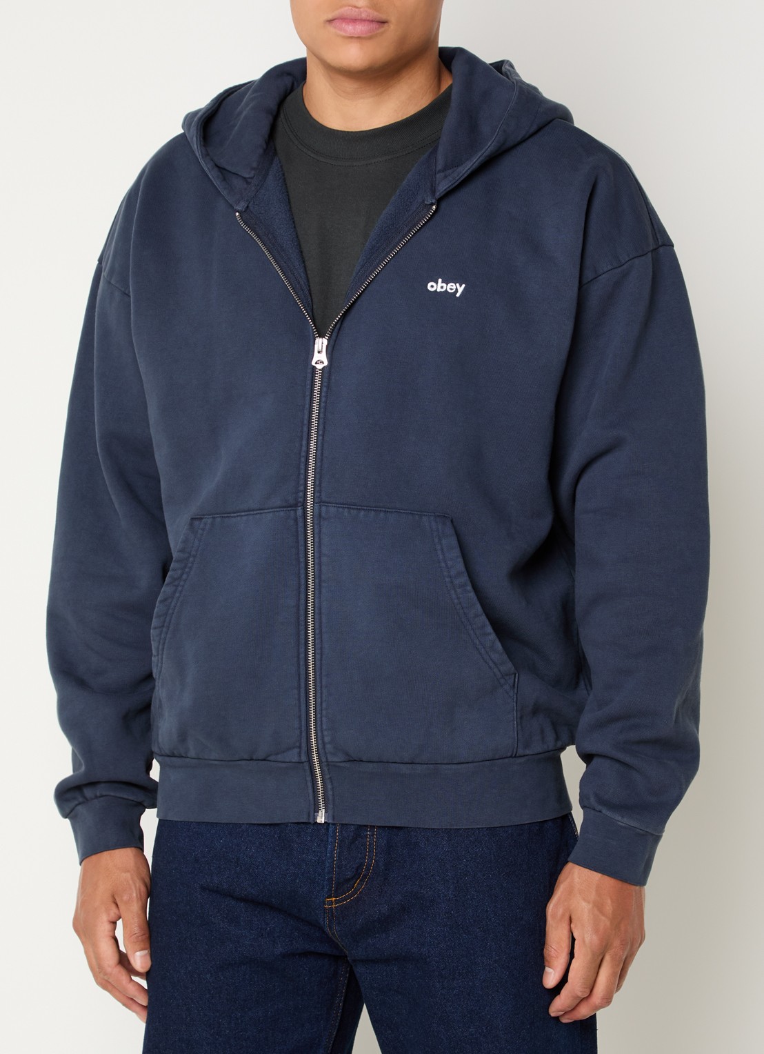 Obey Sweatvest met logo en steekzakken - detail donkerblauw
