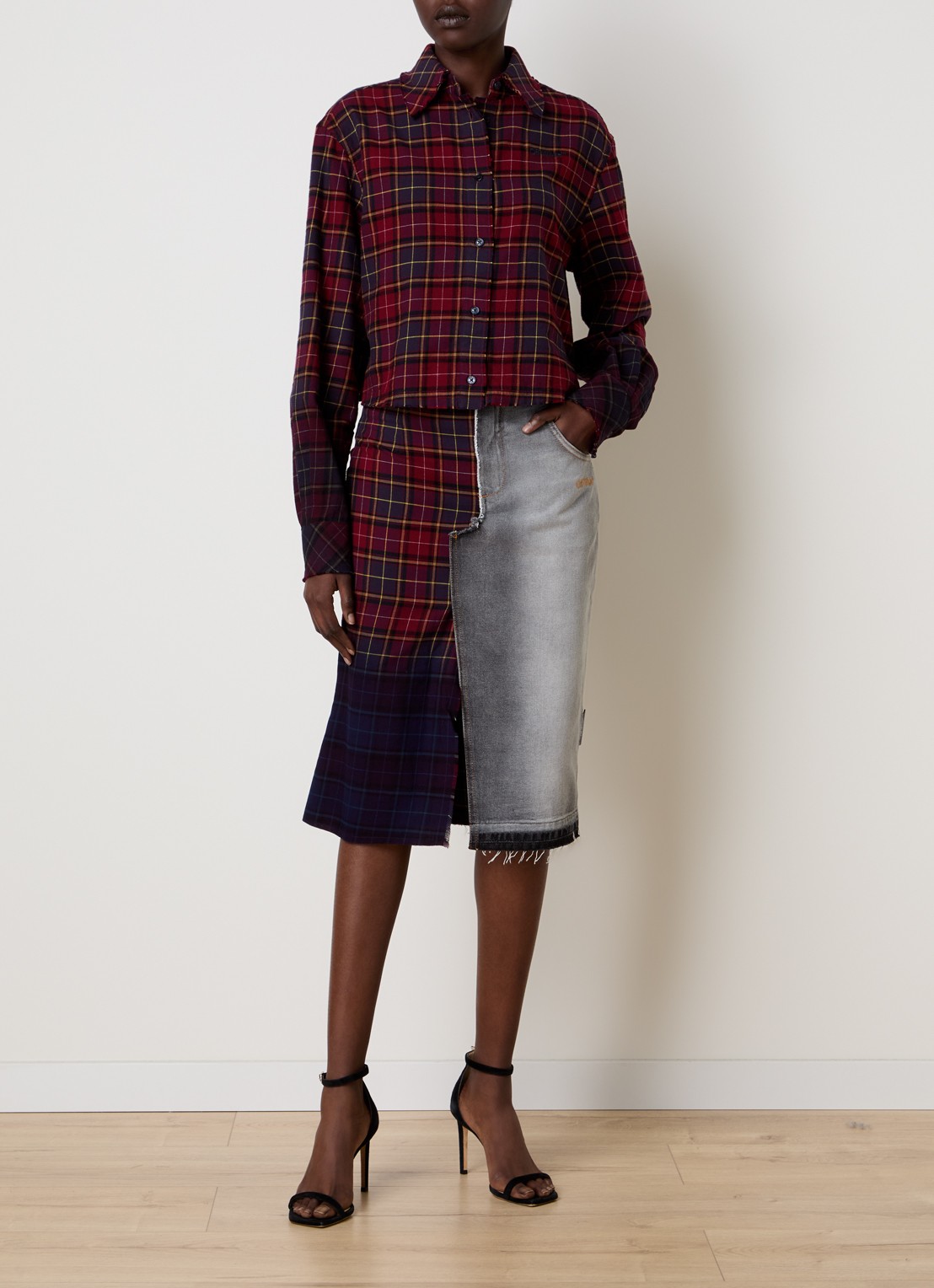 Off-White Check blouse met ruitdessin - voorkant 3 bordeauxrood