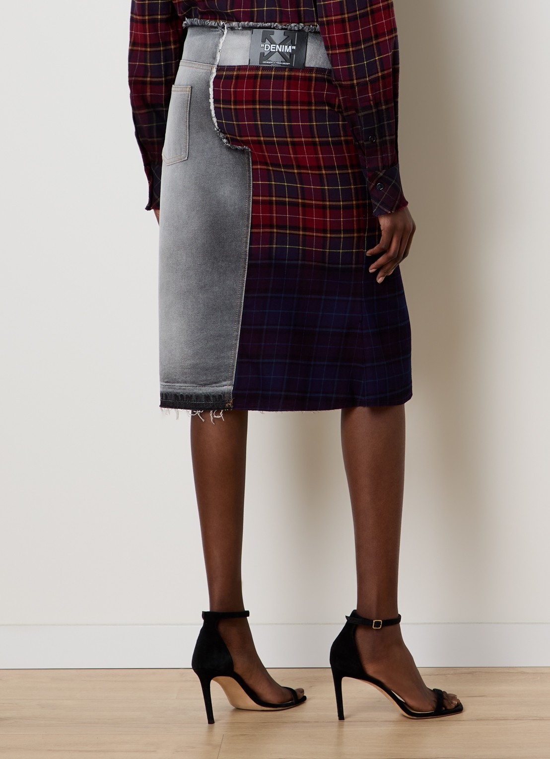 Off-White Check high waist midi spijkerrok met ruitdessin - achterkant zwart