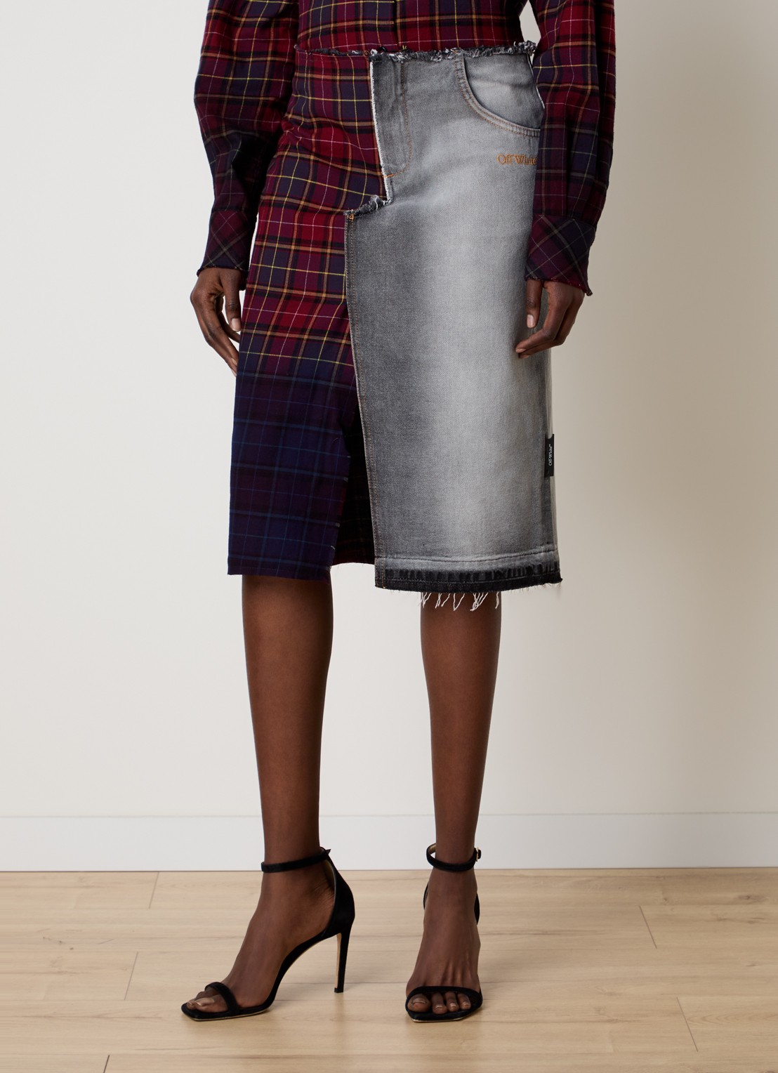 Off-White Check high waist midi spijkerrok met ruitdessin - detail 4 zwart