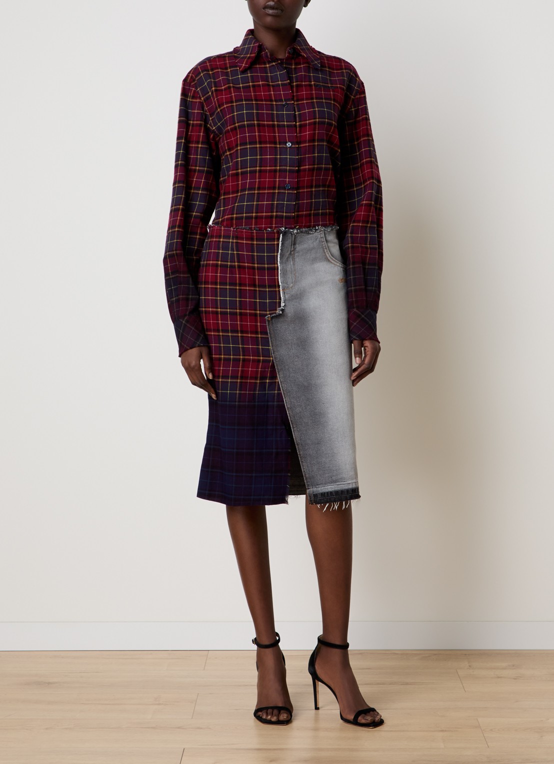 Off-White Check high waist midi spijkerrok met ruitdessin - voorkant 3 zwart