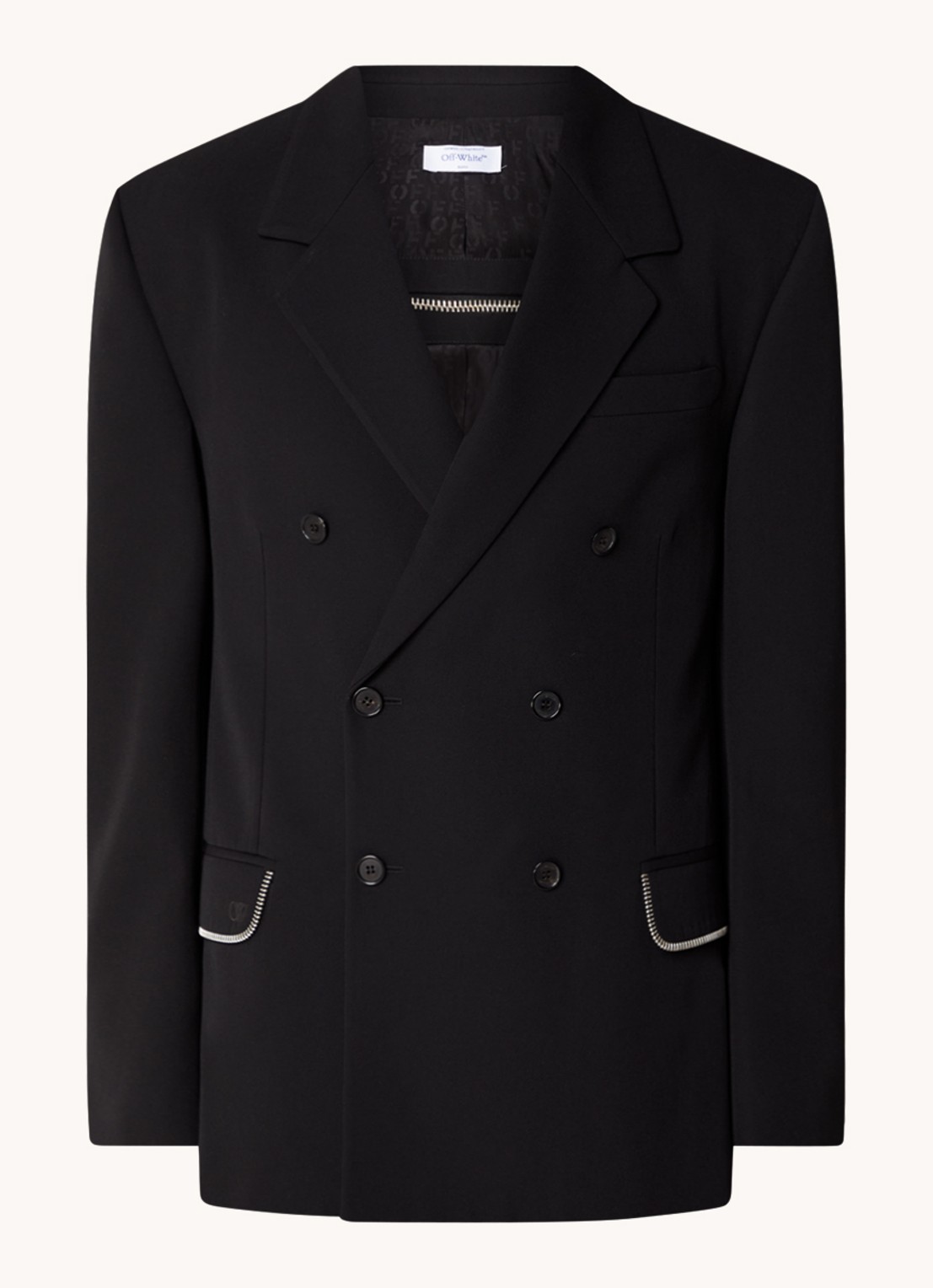 Off-White Double-breasted regular fit colbert van wol met ritsdetail - voorkant 4 zwart