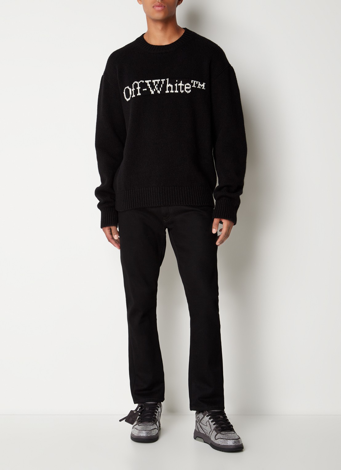 Off-White Grofgebreid trui in wolblend met ingebreid logo - voorkant 3 zwart