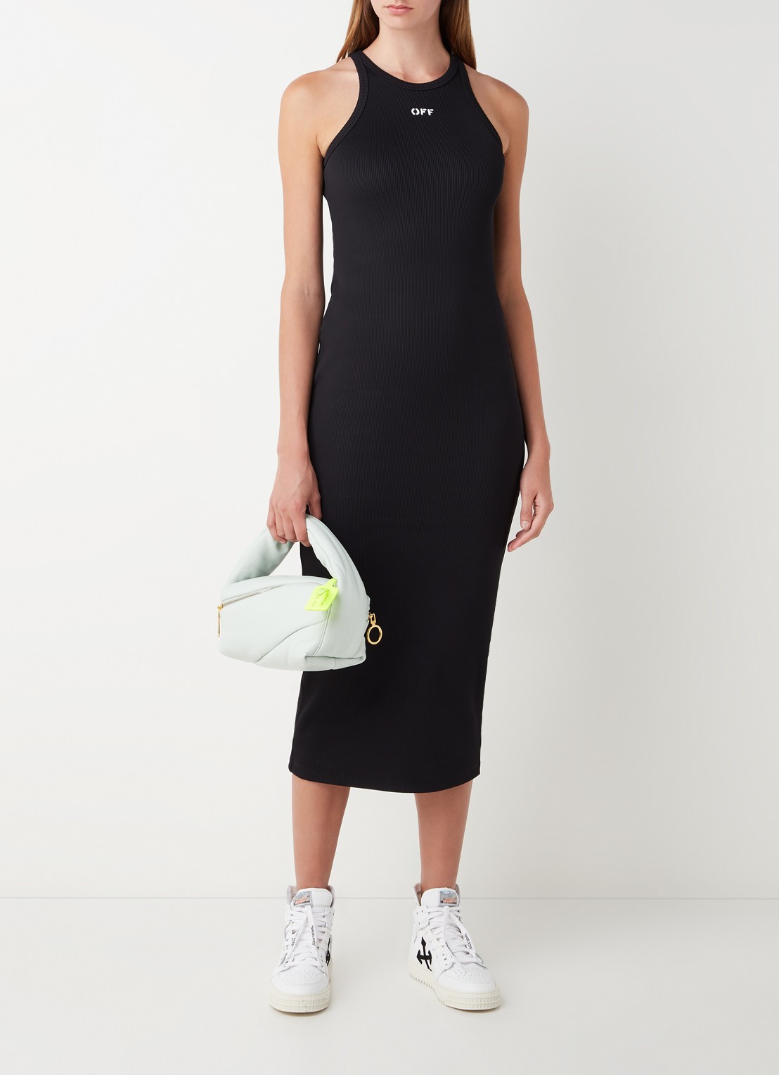 Off-White Lux midi jurk met logoprint en ribstructuur - voorkant 4 zwart