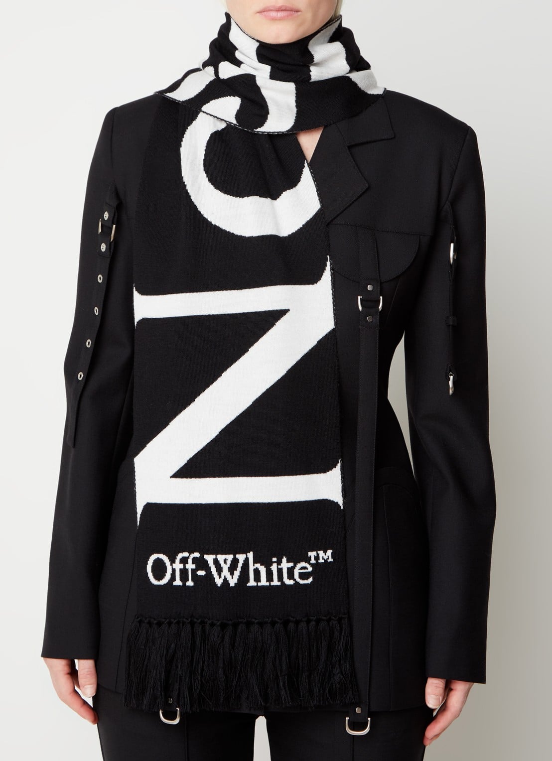 Off-White No Offence sjaal van scheerwol met logo 220 x 25 cm - voorkant 2 zwart