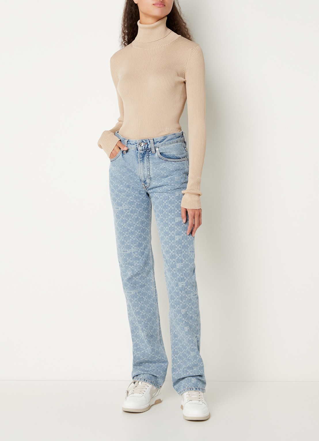 Off-White Ribgebreide coltrui met stretch - voorkant 2 steenrood