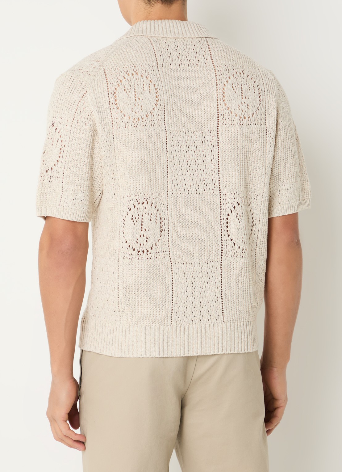 OLAF Grofgebreide regular fit polo in linnenblend met opengewerkt dessin - achterkant 4 beige