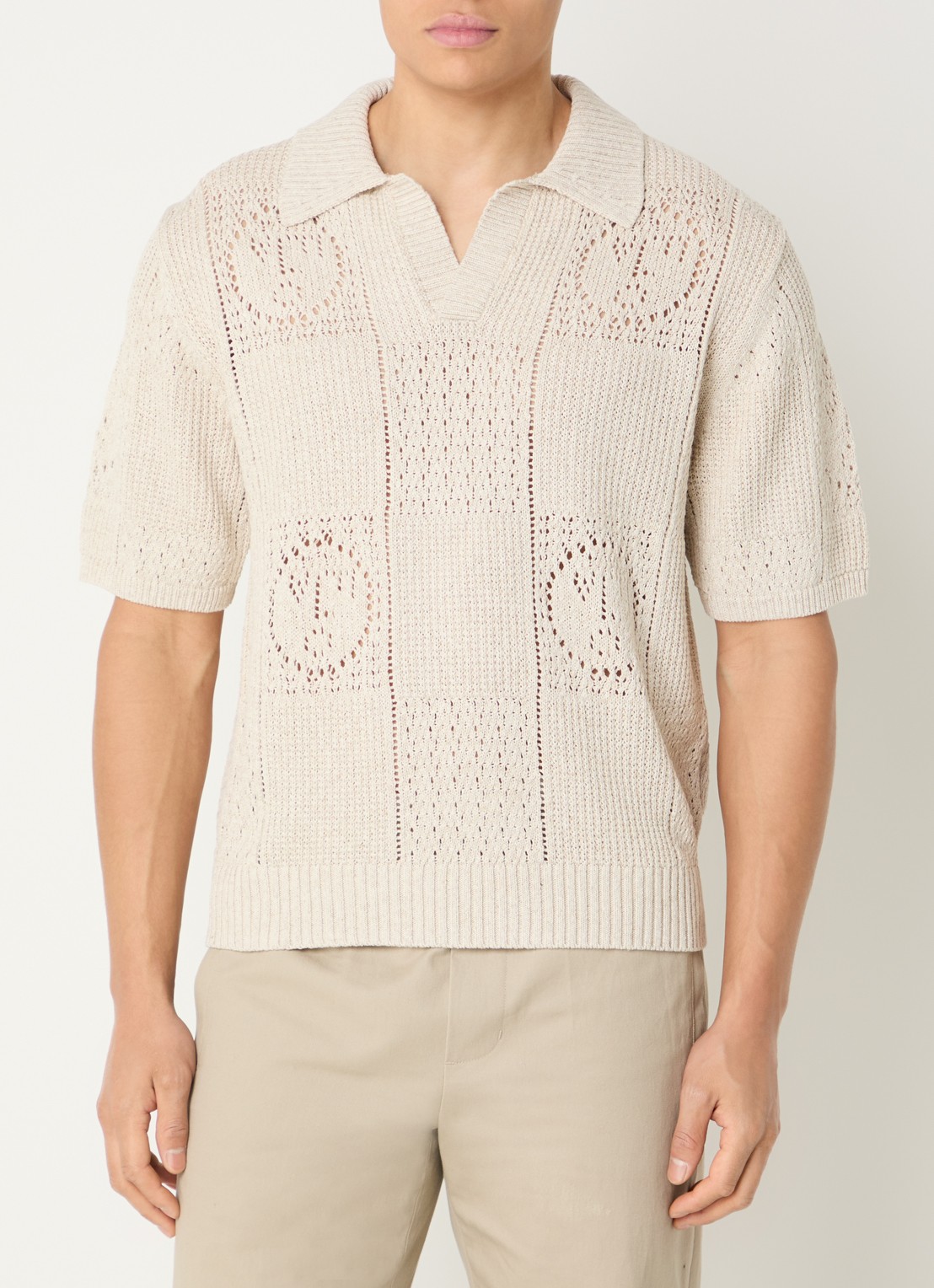 OLAF Grofgebreide regular fit polo in linnenblend met opengewerkt dessin - detail 3 beige