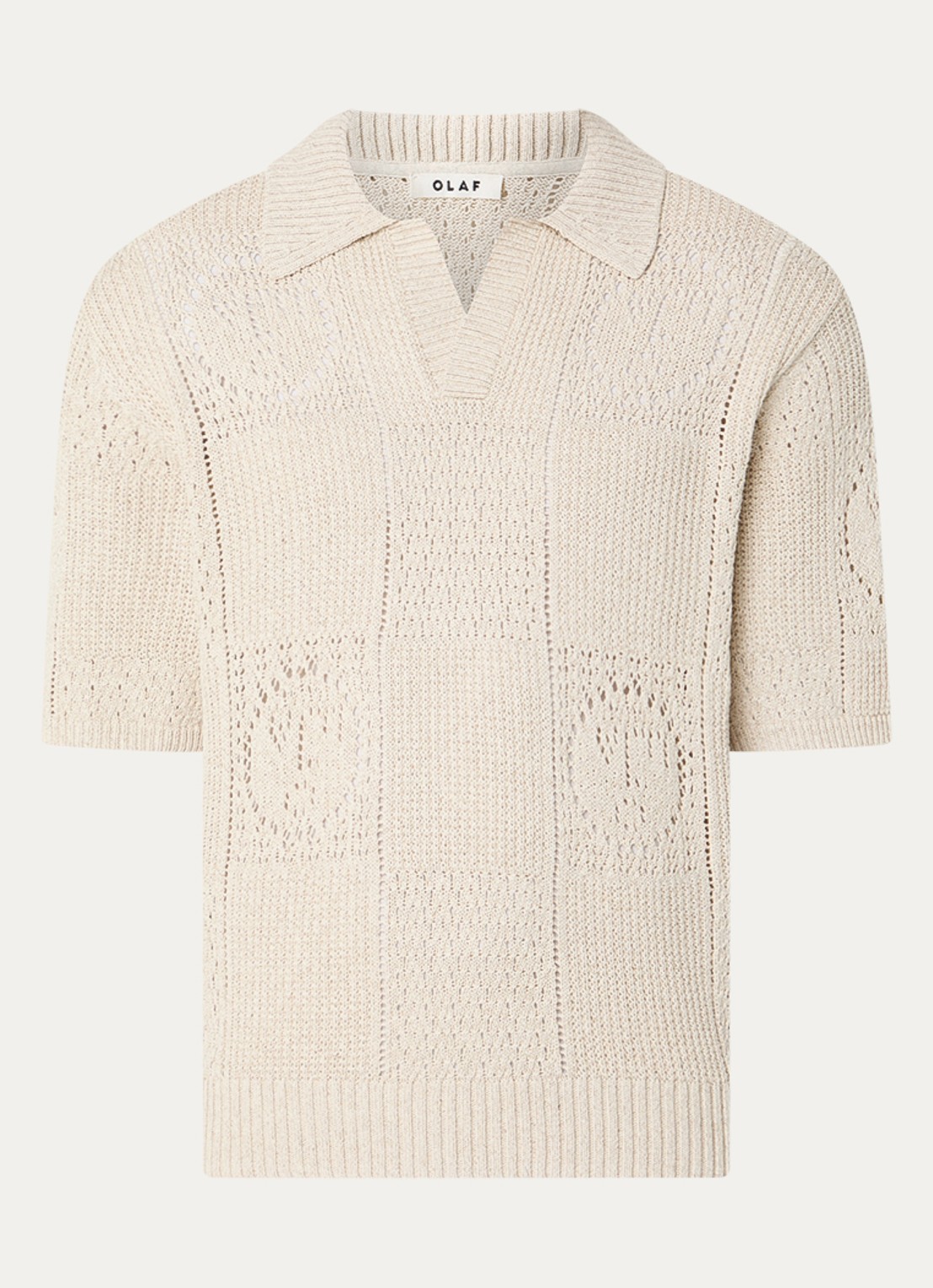 OLAF Grofgebreide regular fit polo in linnenblend met opengewerkt dessin - voorkant beige