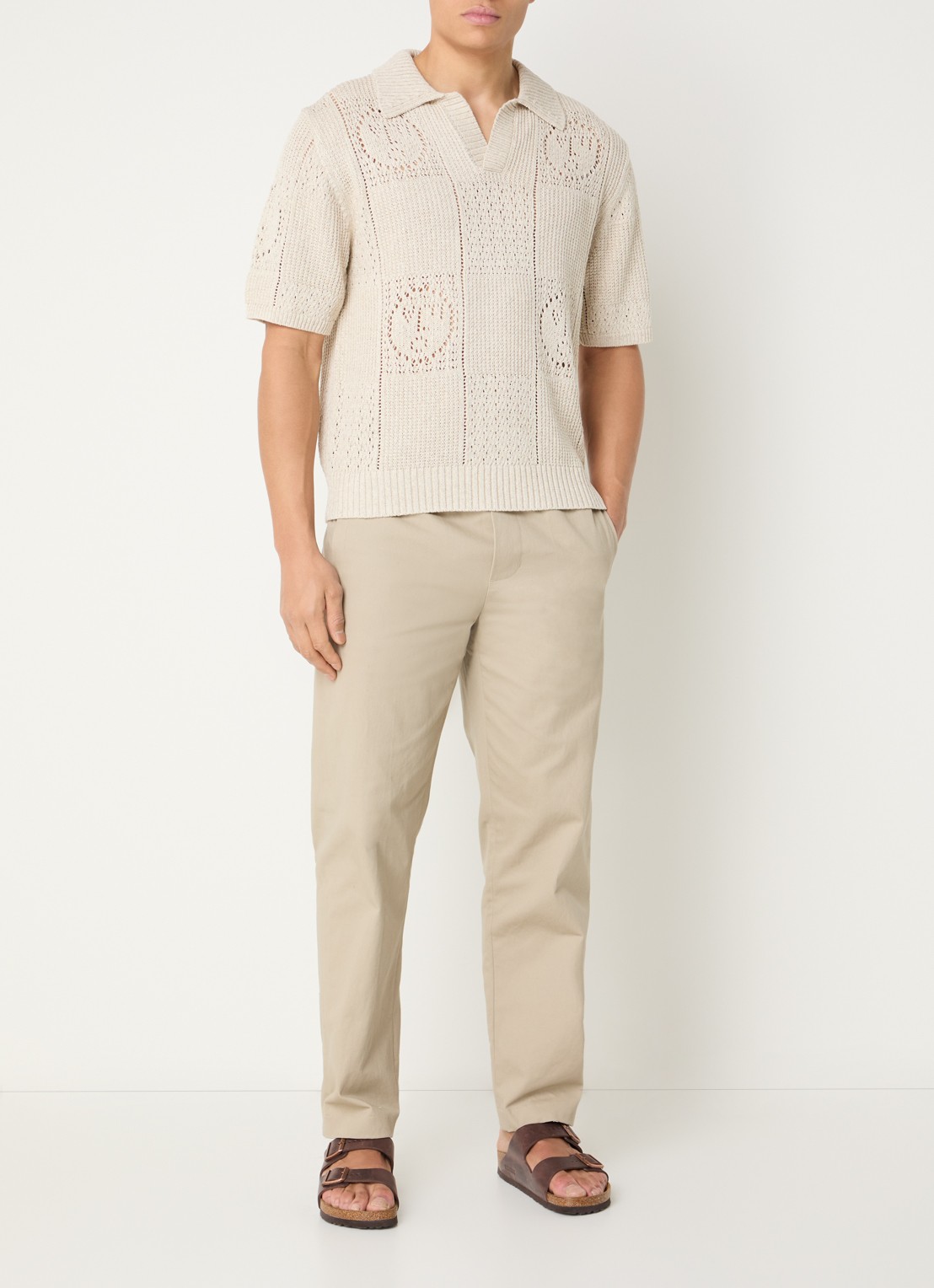 OLAF Grofgebreide regular fit polo in linnenblend met opengewerkt dessin - voorkant 2 beige