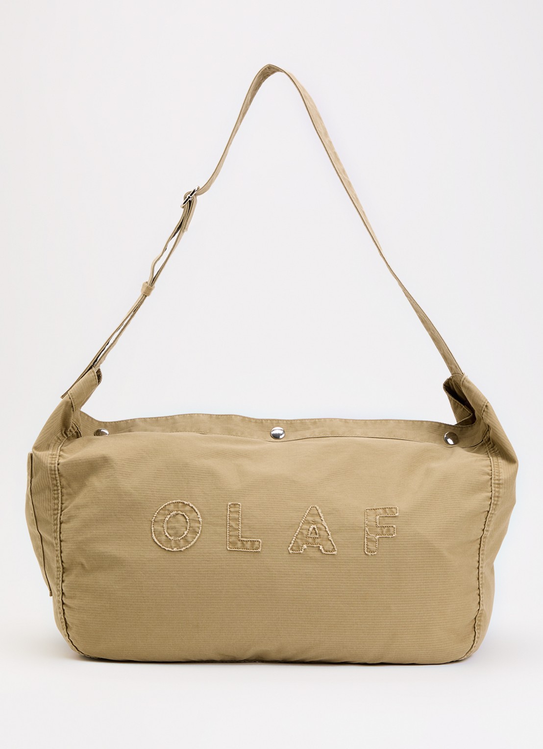 OLAF Herringbone Newspaperbag schoudertas met logo patchwork  - voorkant camel