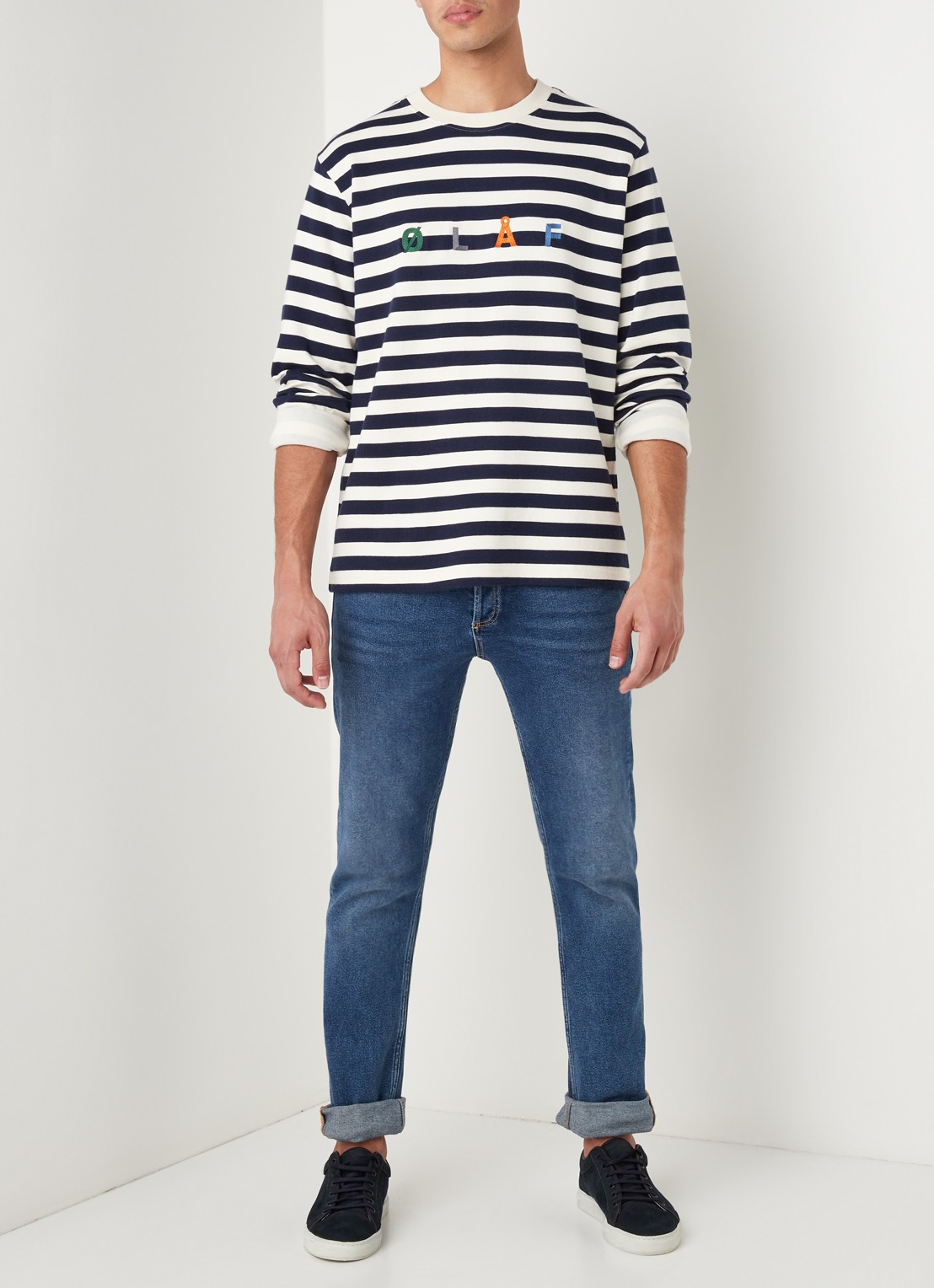 OLAF Longsleeve met streepprint en logoborduring - voorkant 2 wit